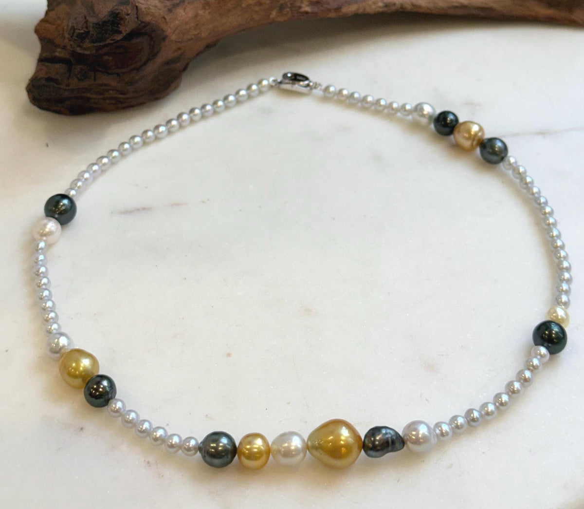 Elly’s Multicolor ocean white Freshwater pearls necklace:Extreme luster mirrored, 19.3”, S925 silver necklace strand.