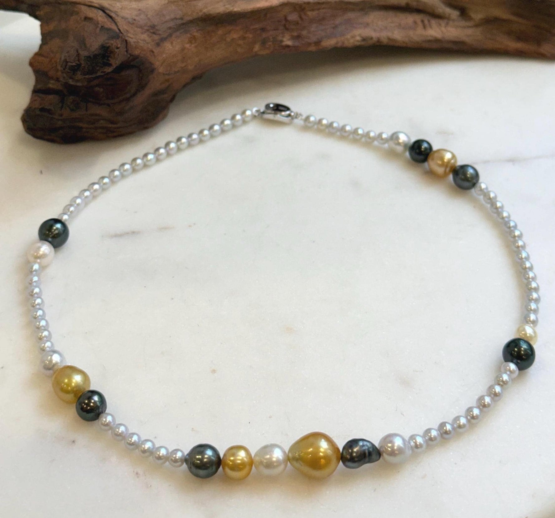 Elly’s Multicolor ocean white Freshwater pearls necklace:Extreme luster mirrored, 19.3”, S925 silver necklace strand.