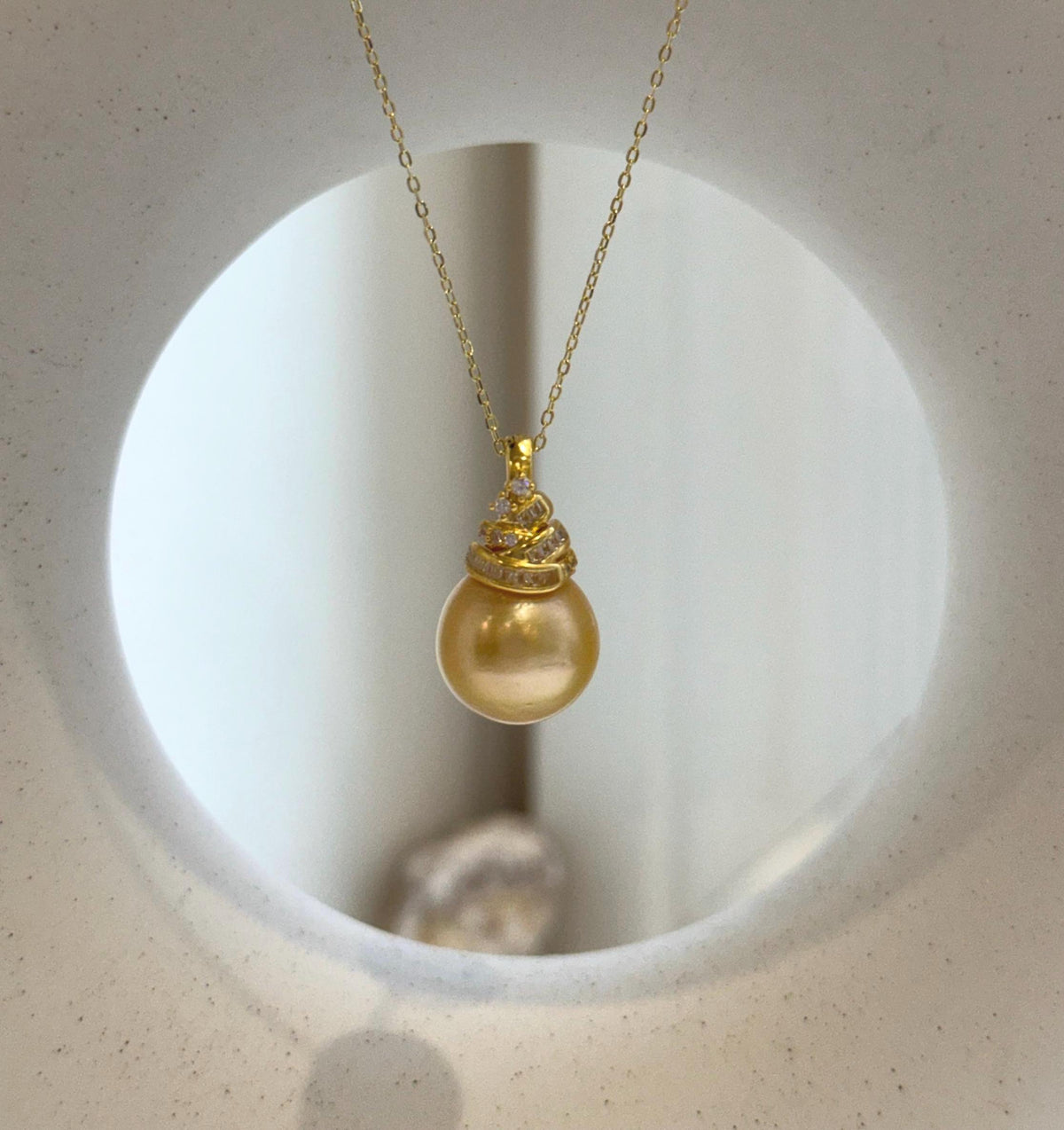 Elly’s 13.5mm South Sea deep Golden ocean Pearl pendant: Extreme luster, 2.4cm high, S925 silver 18k gold plated pendant.