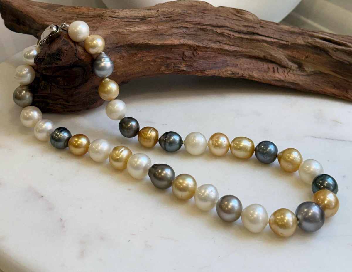 11.6-14.1m 33pcs South sea Golden Australian Tahitian Ocean pearls necklace: Extreme luster, Hand knotted 18.3”, S925 silver necklace strand