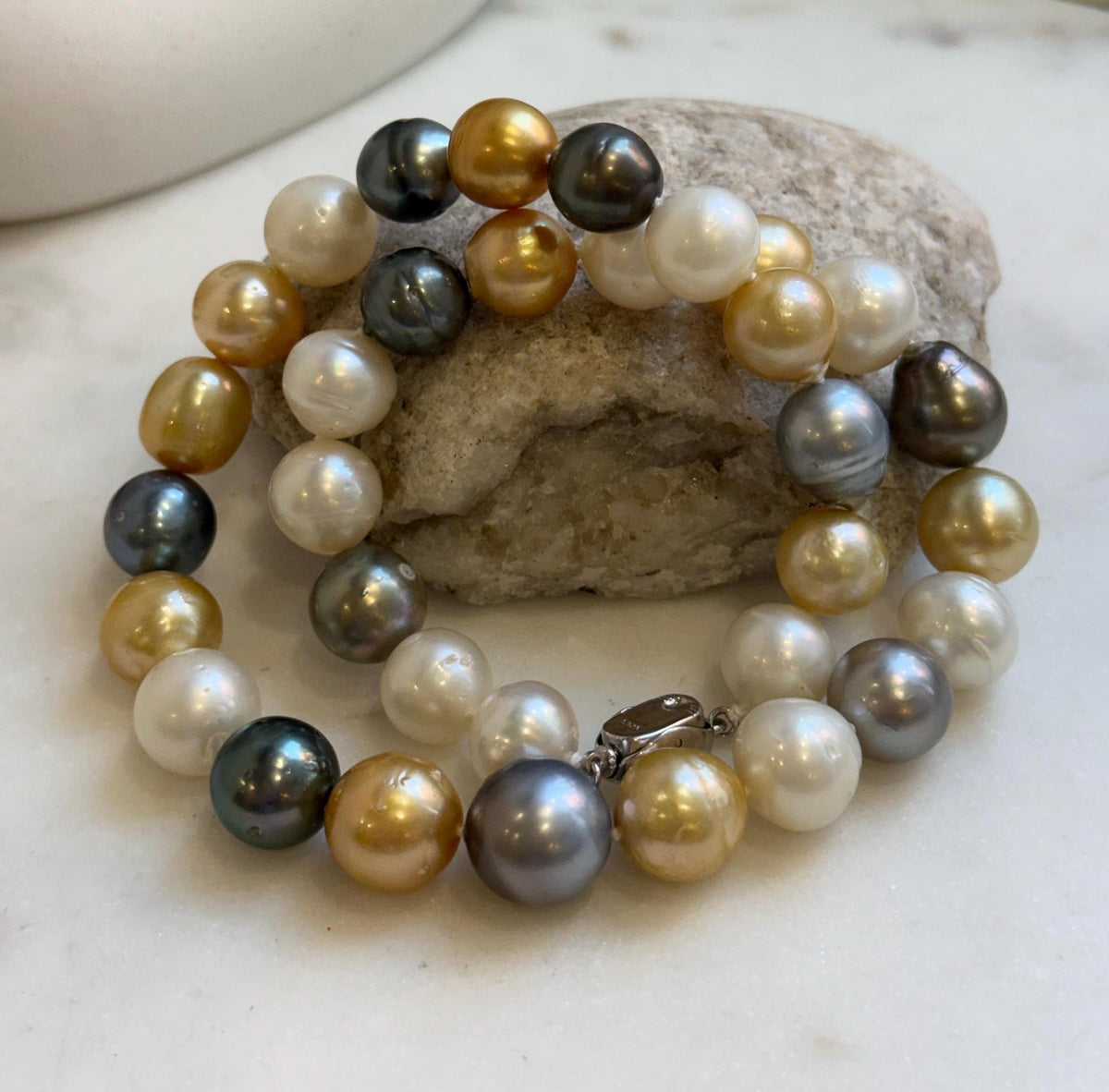 11.6-14.1m 33pcs South sea Golden Australian Tahitian Ocean pearls necklace: Extreme luster, Hand knotted 18.3”, S925 silver necklace strand, high quality multicolor ocean pearls Necklace strand for her daily office wear