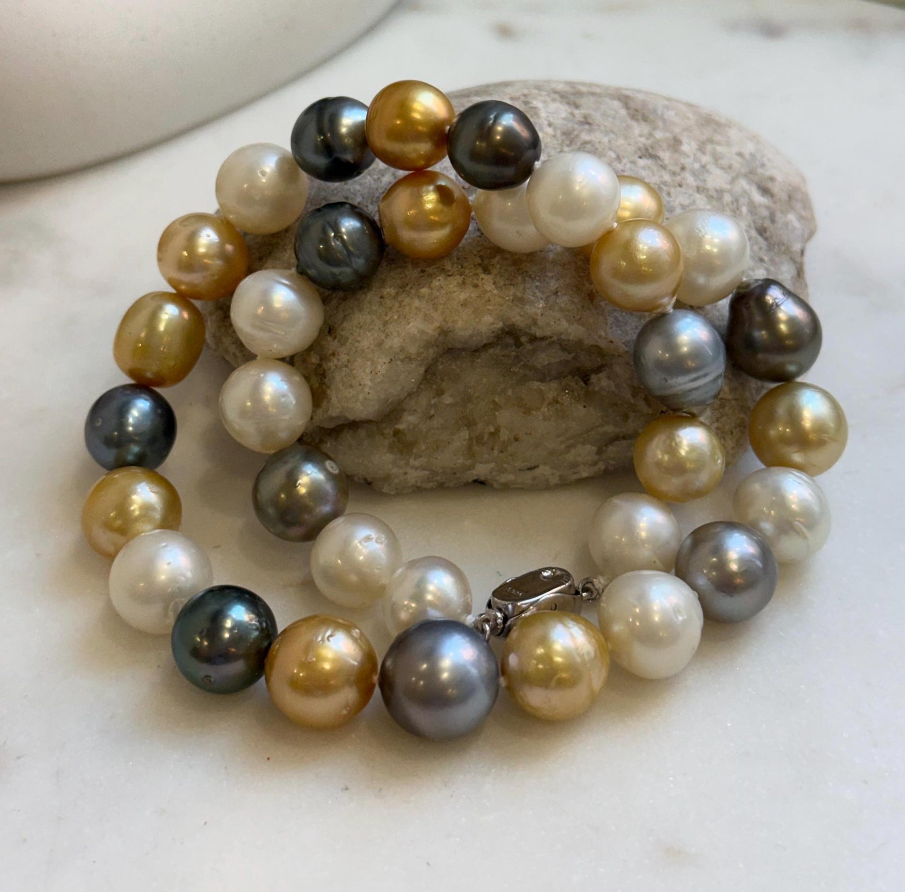 11.6-14.1m 33pcs South sea Golden Australian Tahitian Ocean pearls necklace: Extreme luster, Hand knotted 18.3”, S925 silver necklace strand, high quality multicolor ocean pearls Necklace strand for her daily office wear