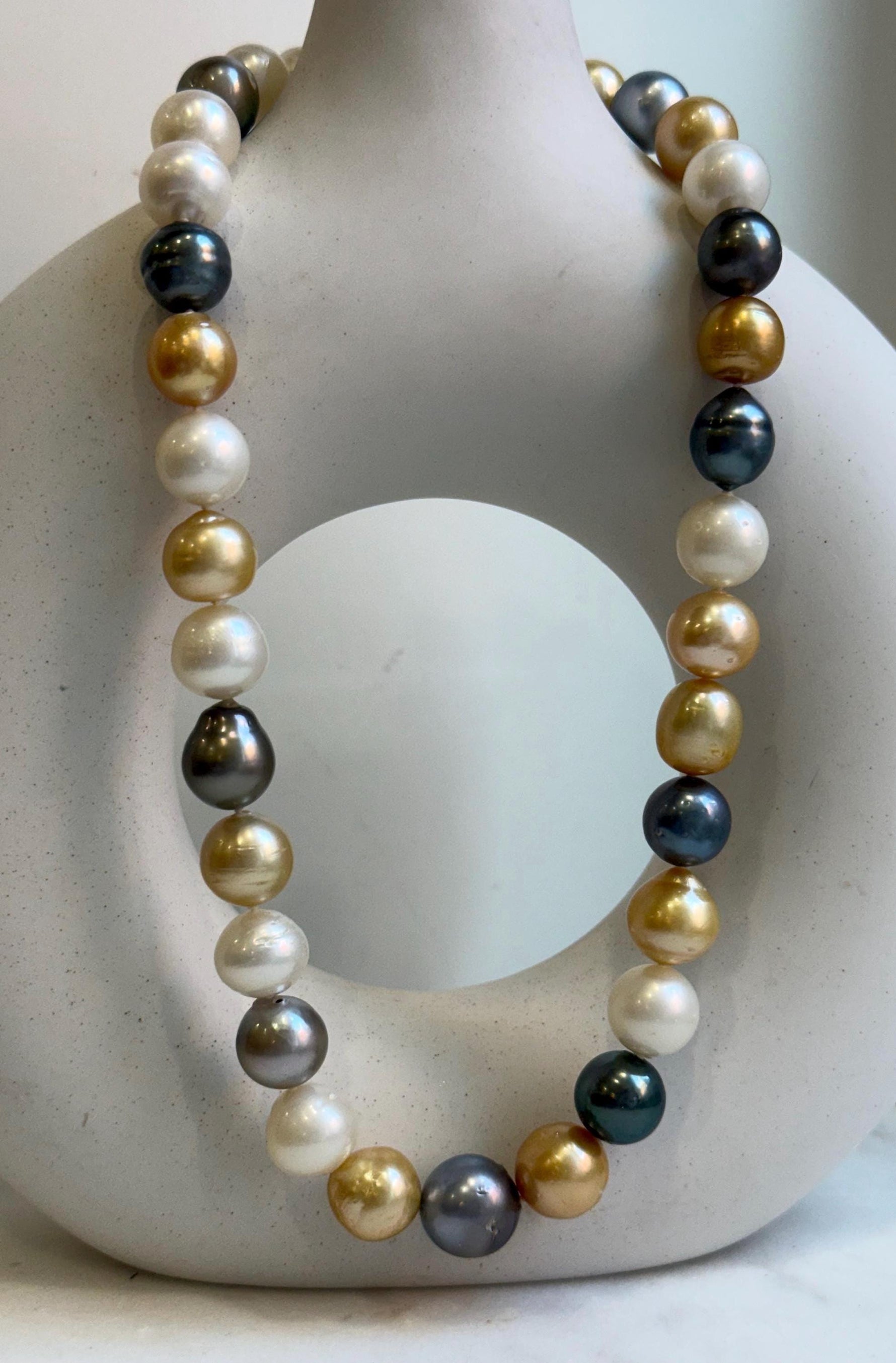 11.6-14.1m 33pcs South sea Golden Australian Tahitian Ocean pearls necklace: Extreme luster, Hand knotted 18.3”, S925 silver necklace strand, high quality multicolor ocean pearls Necklace strand for her