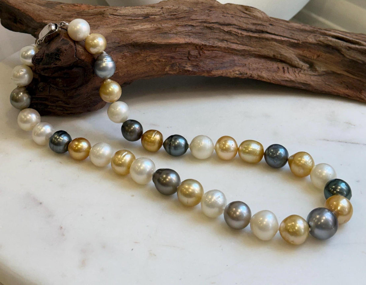 11.6-14.1m 33pcs South sea Golden Australian Tahitian Ocean pearls necklace: Extreme luster, Hand knotted 18.3”, S925 silver necklace strand, high quality multicolor ocean pearls Necklace strand for her