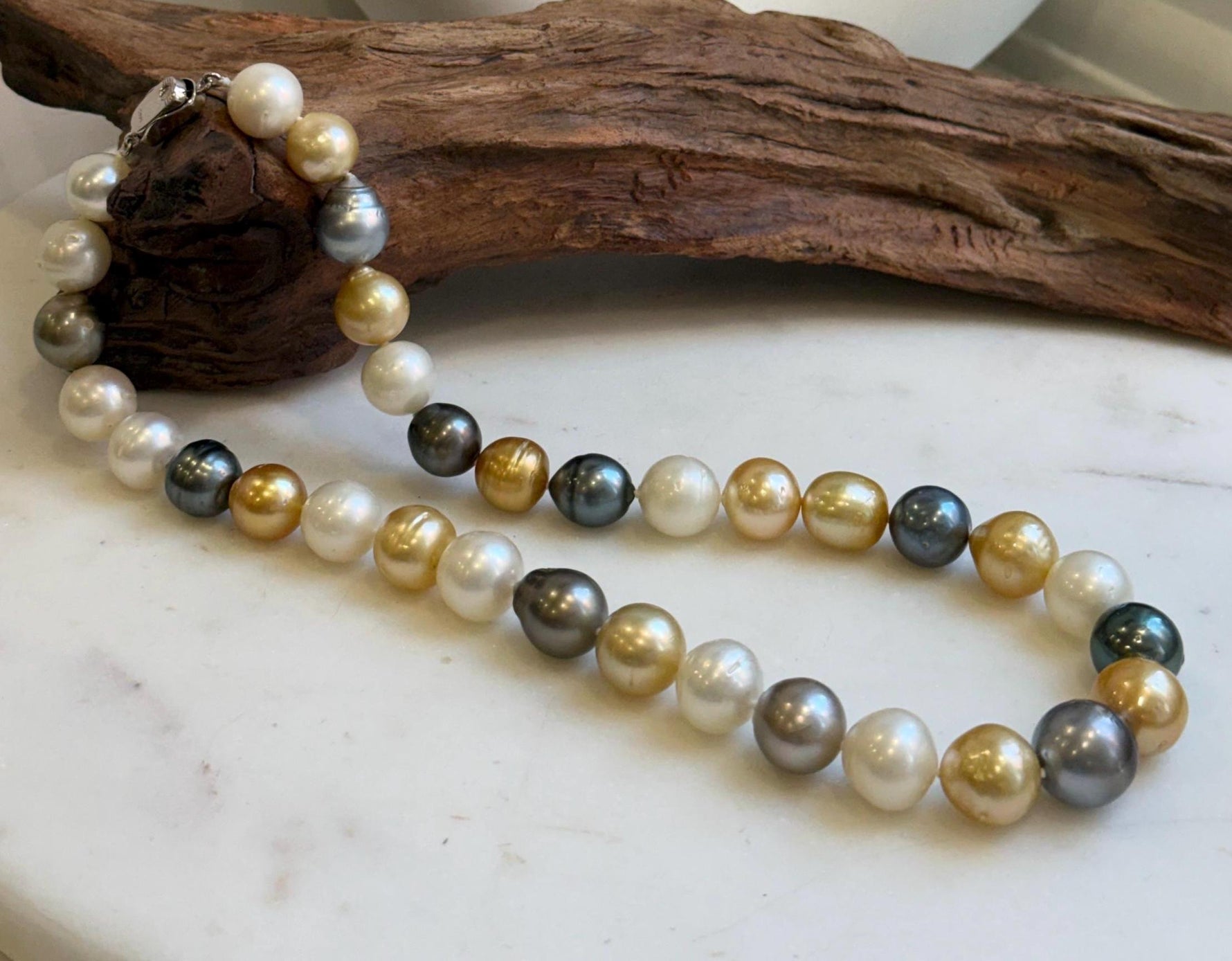 11.6-14.1m 33pcs South sea Golden Australian Tahitian Ocean pearls necklace: Extreme luster, Hand knotted 18.3”, S925 silver necklace strand, high quality multicolor ocean pearls Necklace strand for her