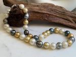 11.6-14.1m 33pcs South sea Golden Australian Tahitian Ocean pearls necklace: Extreme luster, Hand knotted 18.3”, S925 silver necklace strand, high quality multicolor ocean pearls Necklace strand for her