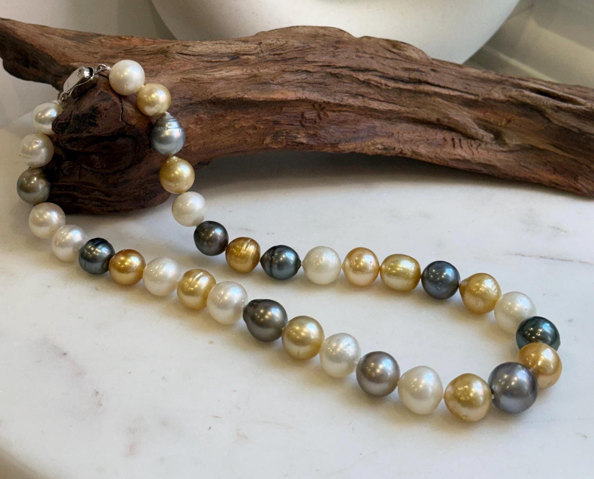 11.6-14.1m 33pcs South sea Golden Australian Tahitian Ocean pearls necklace: Extreme luster, Hand knotted 18.3”, S925 silver necklace strand, high quality multicolor ocean pearls Necklace strand for her