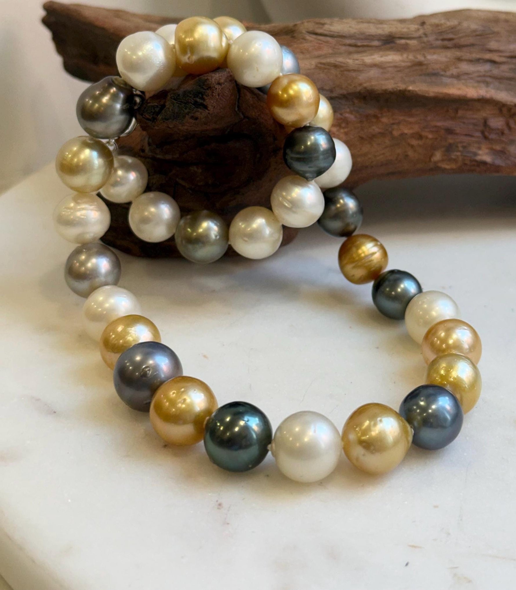 11.6-14.1m 33pcs South sea Golden Australian Tahitian Ocean pearls necklace: Extreme luster, Hand knotted 18.3”, S925 silver necklace strand, high quality multicolor ocean pearls Necklace strand for her