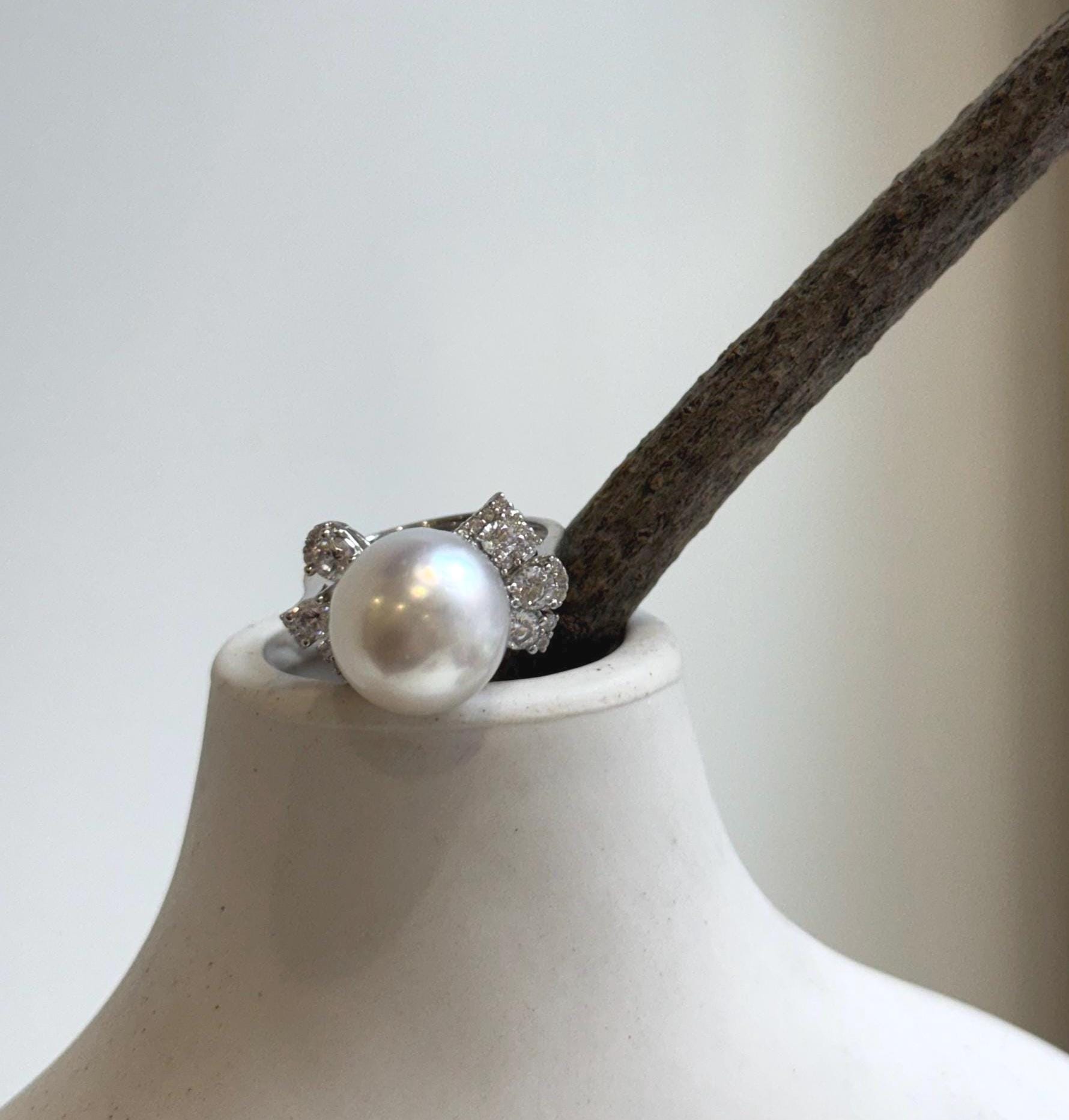 Elly’s 12.3mm Australian ocean white pearl Ring: Extreme luster mirrored, S925 silver adjustable Floral Ring.