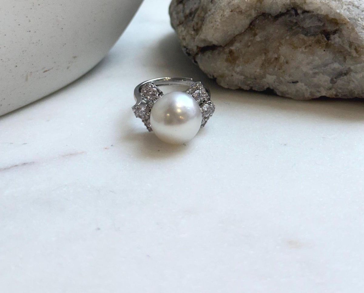Elly’s 12.3mm Australian ocean white pearl Ring: Extreme luster mirrored, S925 silver adjustable Floral Ring. high quality white ocean pearl sterling silver adjustable Ring for her