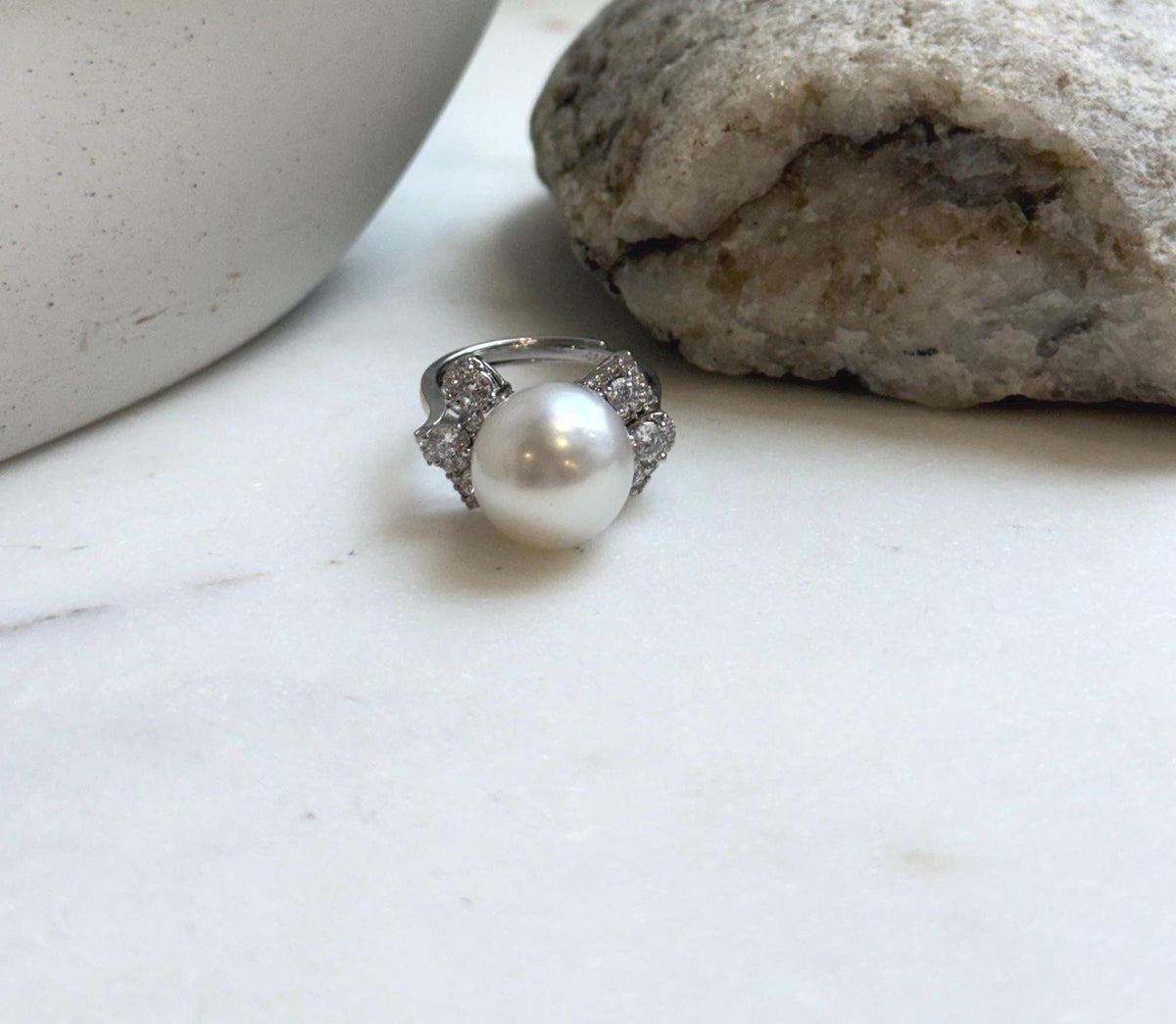 Elly’s 12.3mm Australian ocean white pearl Ring: Extreme luster mirrored, S925 silver adjustable Floral Ring. high quality white ocean pearl sterling silver adjustable Ring for her holiday