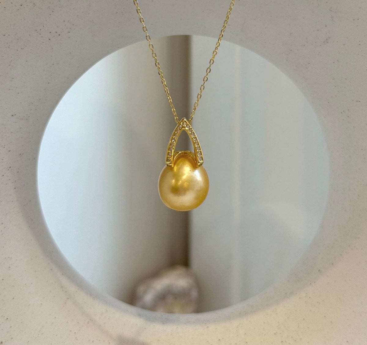 Elly’s 12.1mm Genius South sea deep golden ocean pearl Pendant: Extreme luster, 2.2cm high, s925 silver pendant.