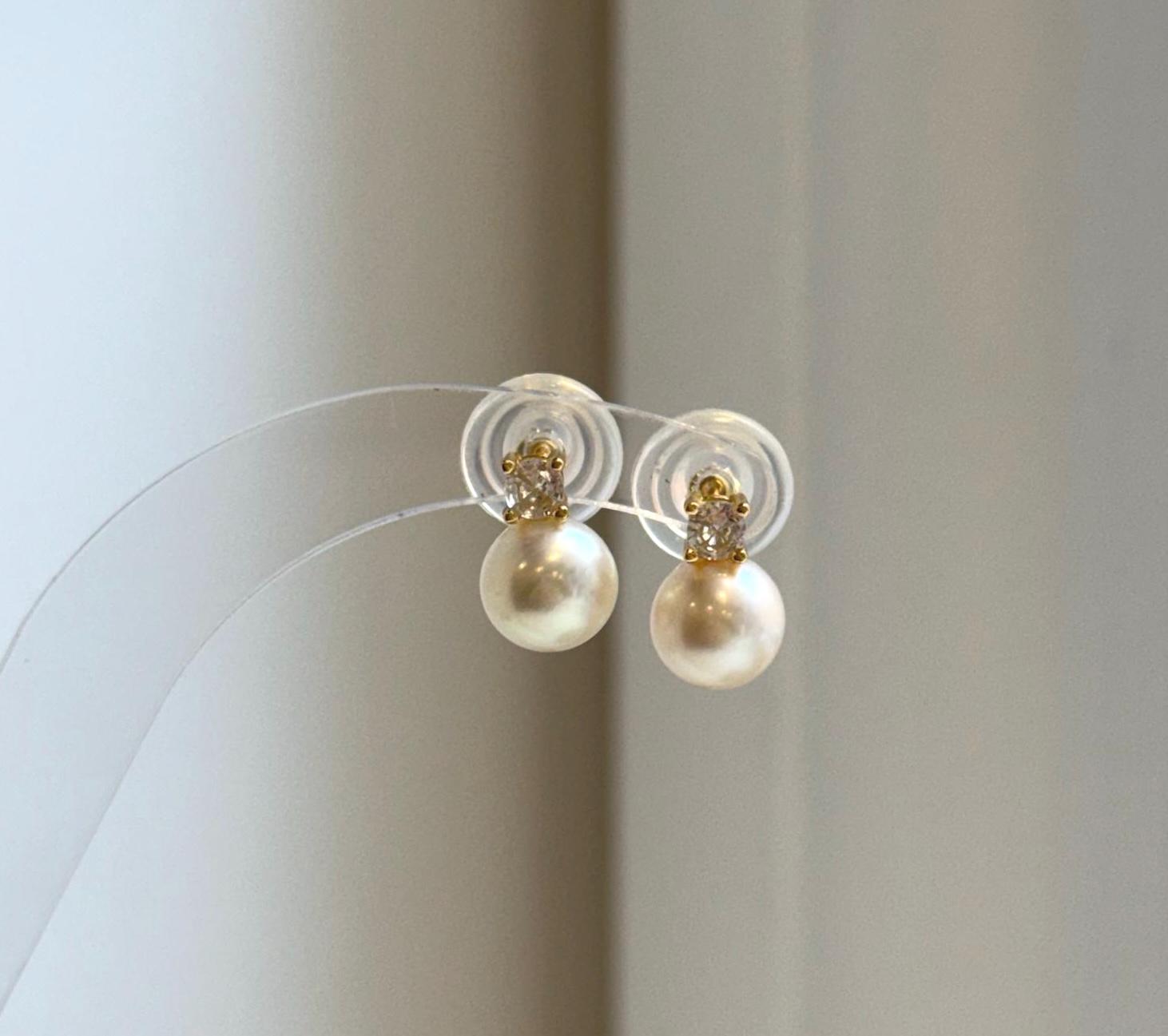 Elly’s 8mm Akoya ivory ocean Pearls Earrings Studs: Extreme luster Mirrored, S925 silver minimalist earring.