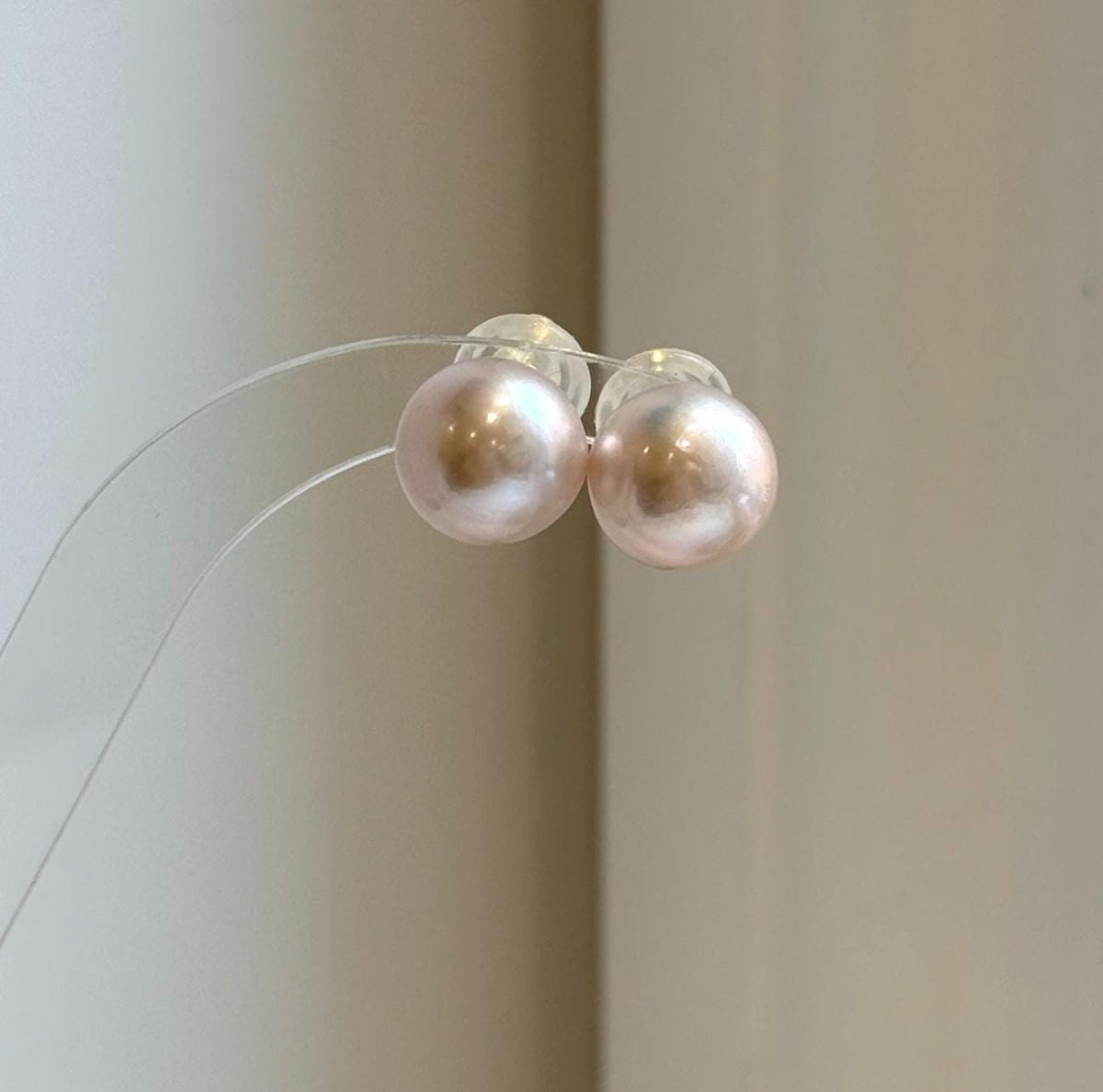 Elly’s 12.7mm Light Rose Edison Pearls Earrings Studs: Extreme luster Mirrored, S925 silver minimalist earrings.