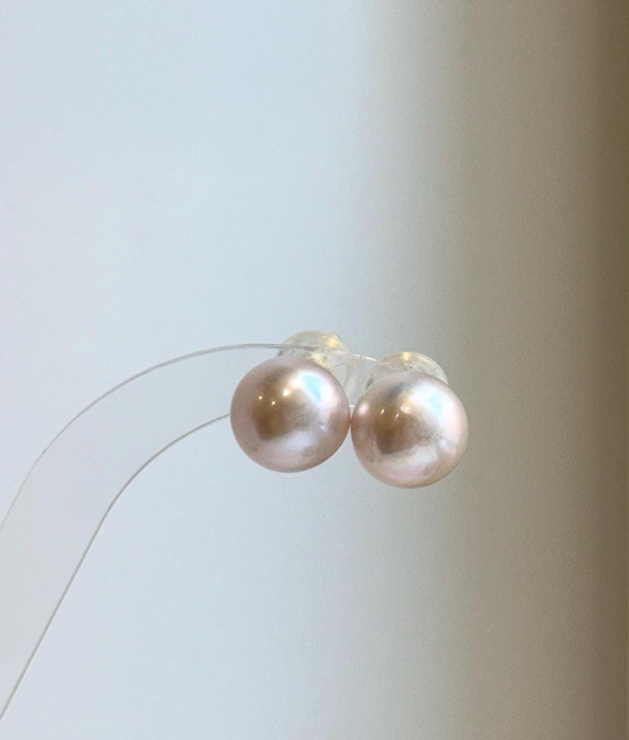 Elly’s 12.7mm Light Rose Edison Pearls Earrings Studs: Extreme luster Mirrored, S925 silver minimalist earrings.