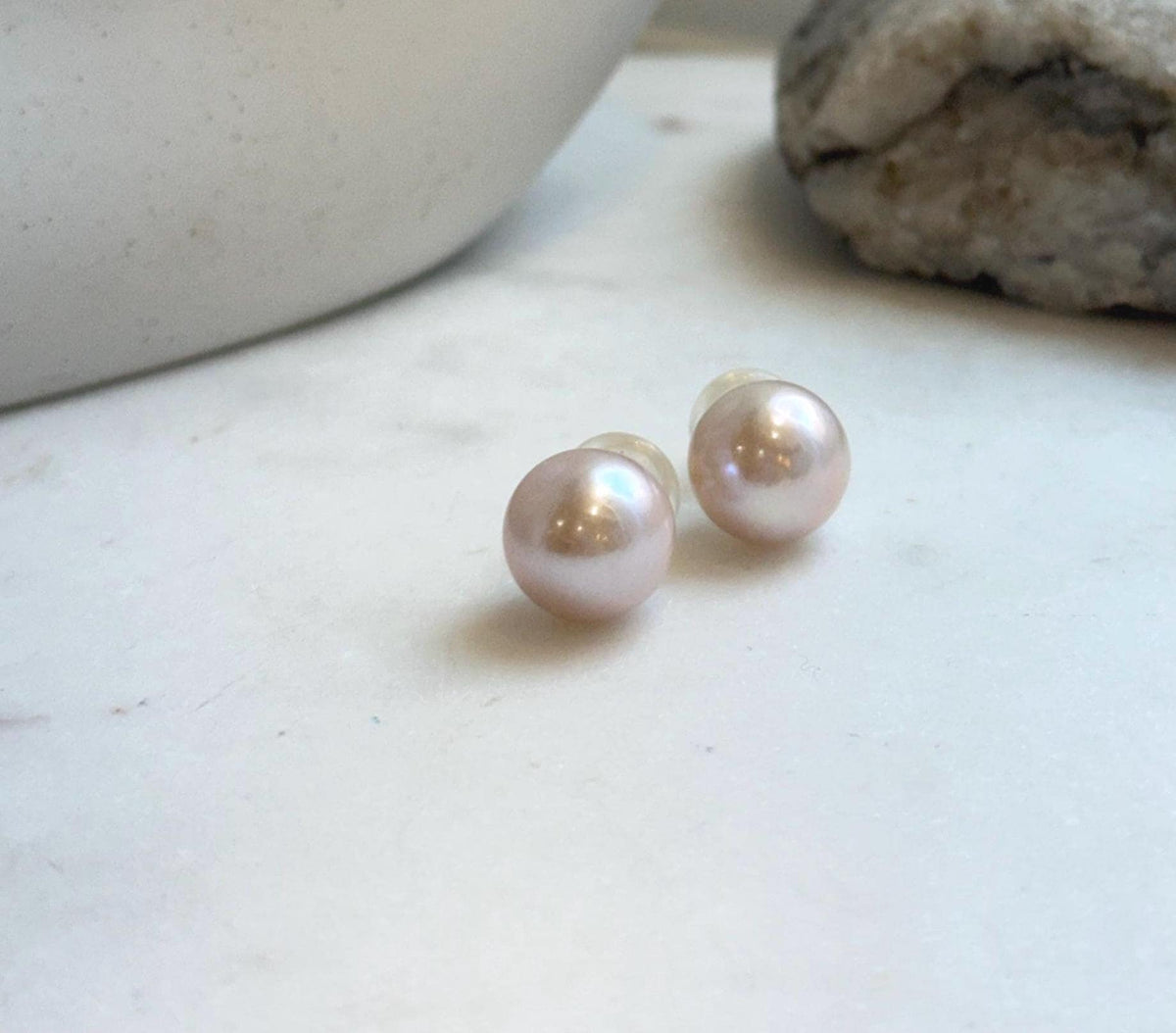 Elly’s 12.7mm Light Rose Edison Pearls Earrings Studs: Extreme luster Mirrored, S925 silver minimalist earrings.