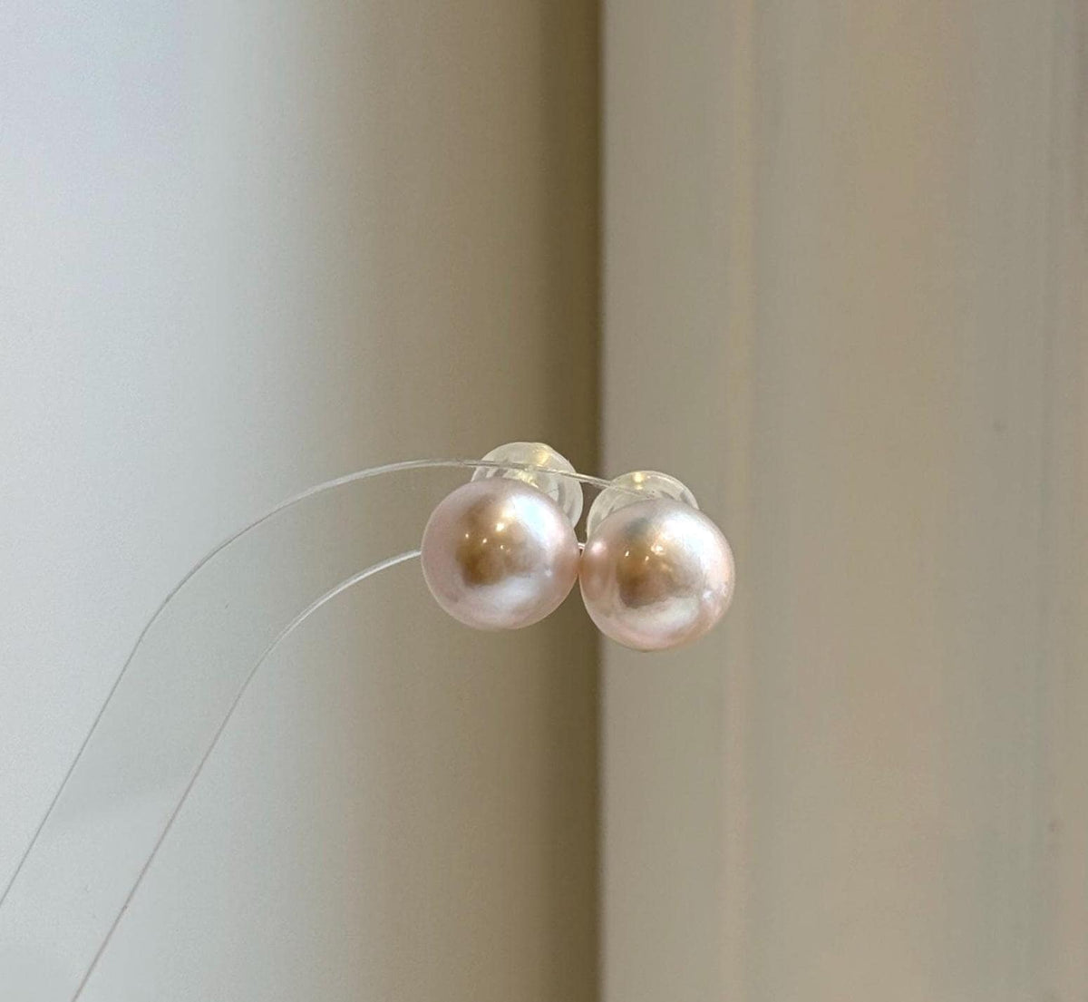 Elly’s 12.7mm Light Rose Edison Pearls Earrings Studs: Extreme luster Mirrored, S925 silver minimalist earrings.