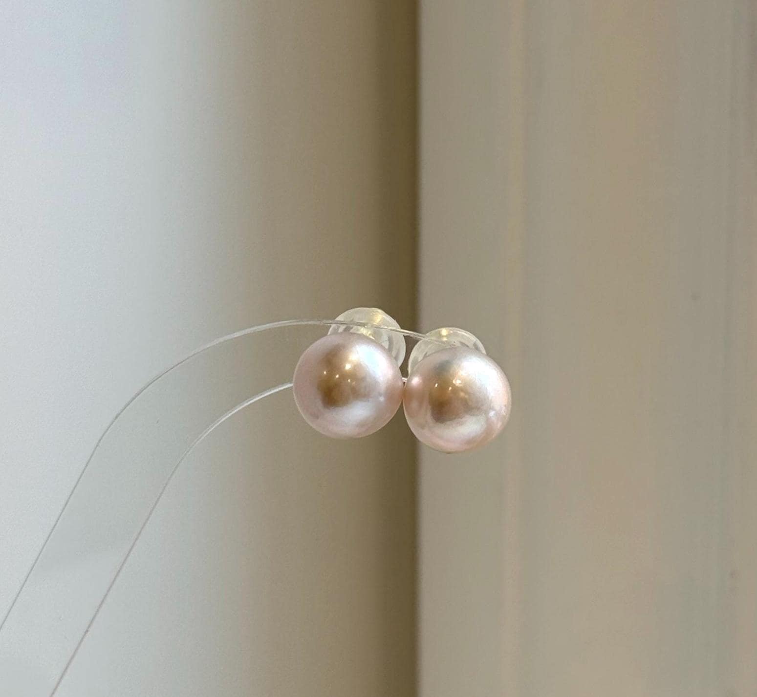 Elly’s 12.7mm Light Rose Edison Pearls Earrings Studs: Extreme luster Mirrored, S925 silver minimalist earrings.