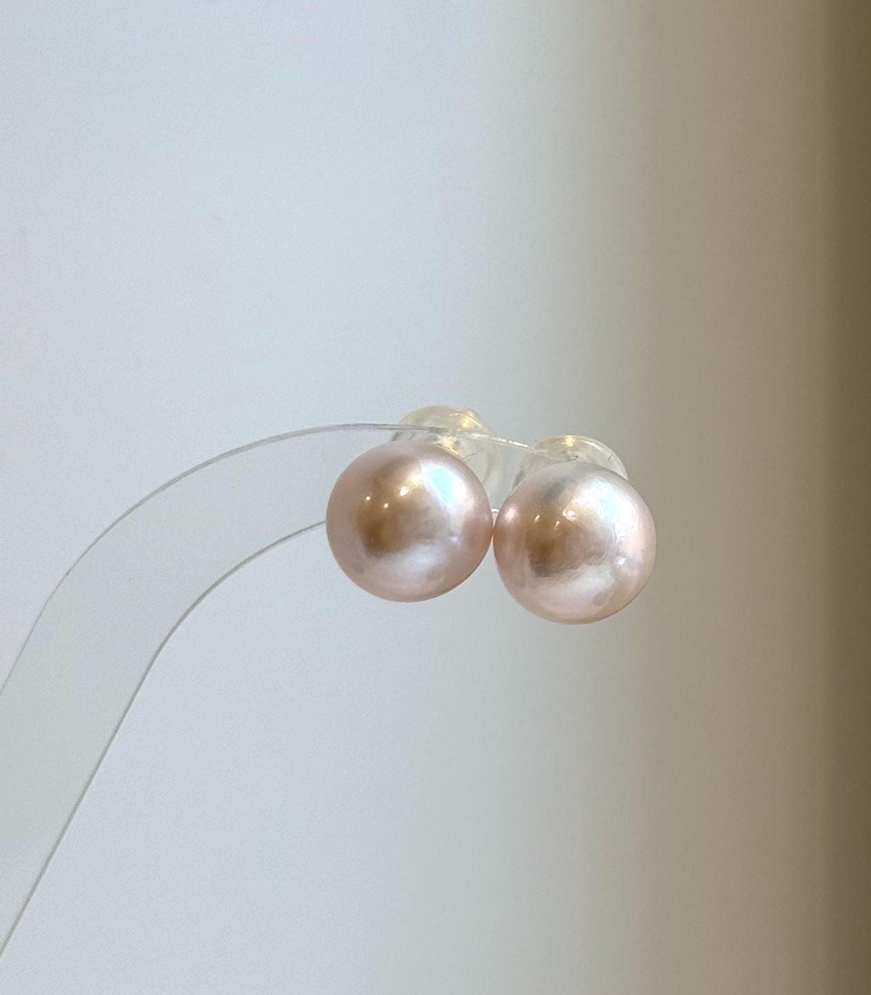 Elly’s 12.7mm Light Rose Edison Pearls Earrings Studs: Extreme luster Mirrored, S925 silver minimalist earrings.