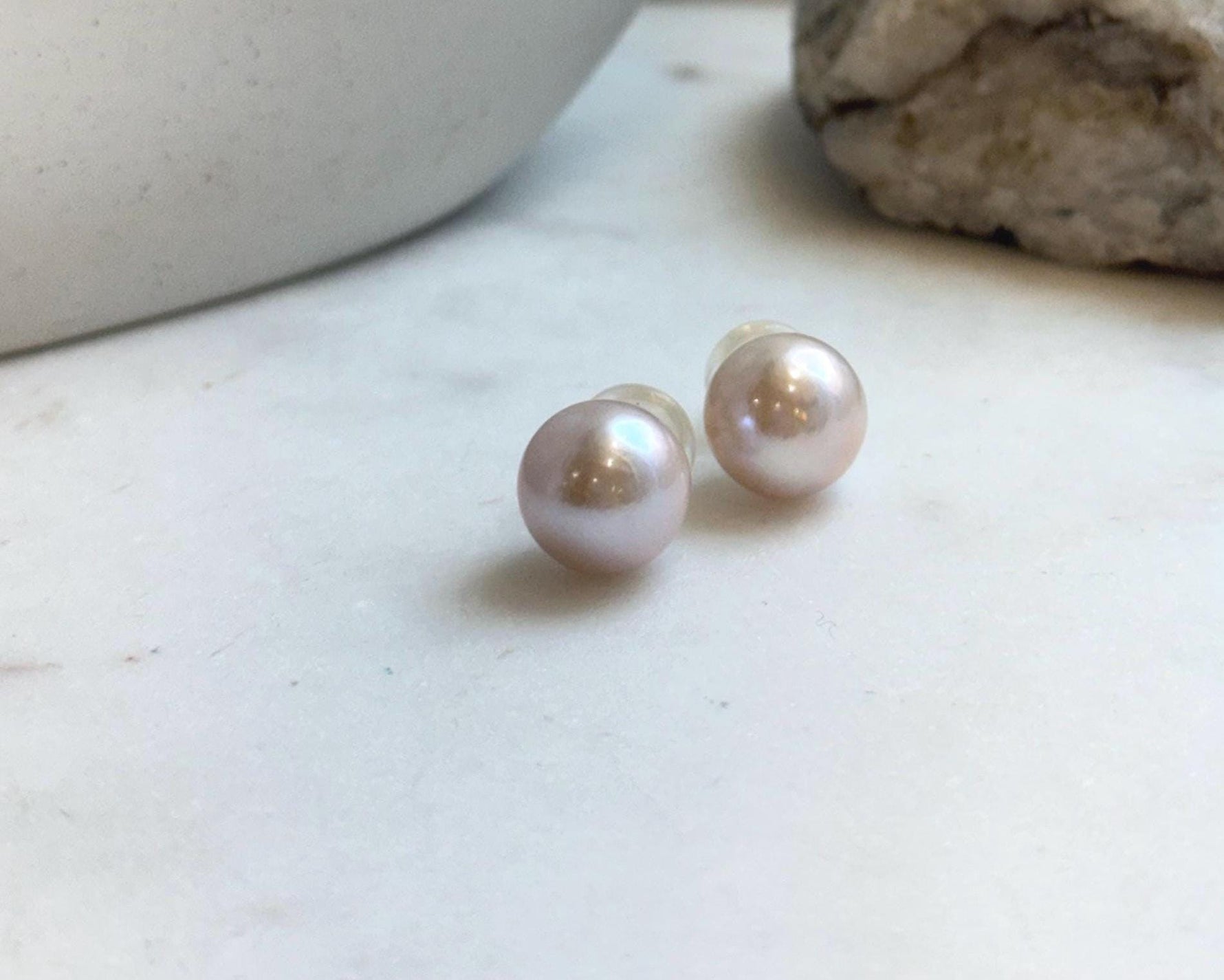 Elly’s 12.7mm Light Rose Edison Pearls Earrings Studs: Extreme luster Mirrored, S925 silver minimalist earrings.