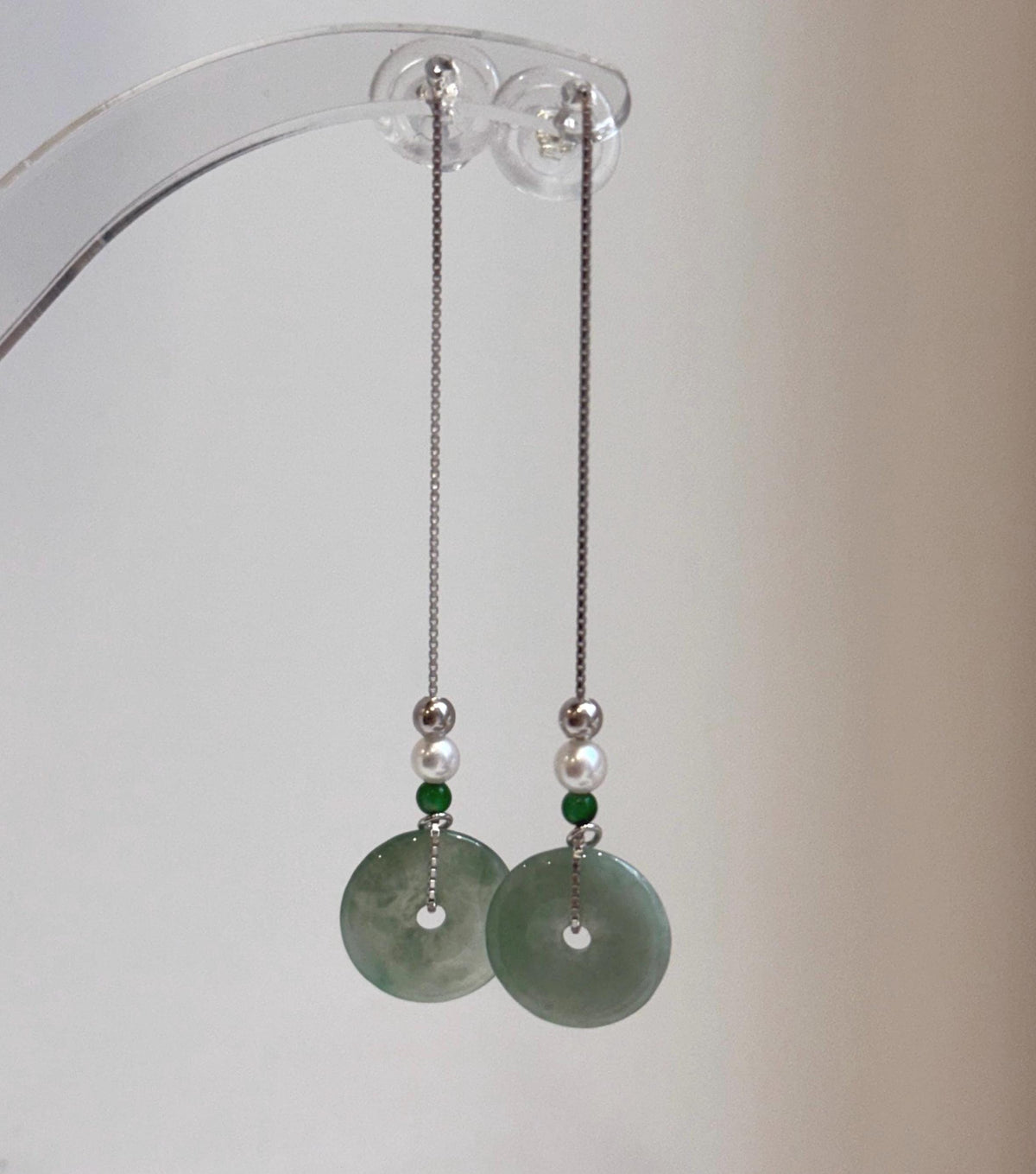 Elly’s Genius Jade white Pearls S925 silver earrings Chandeliers, 13mm, 6.6cm high.