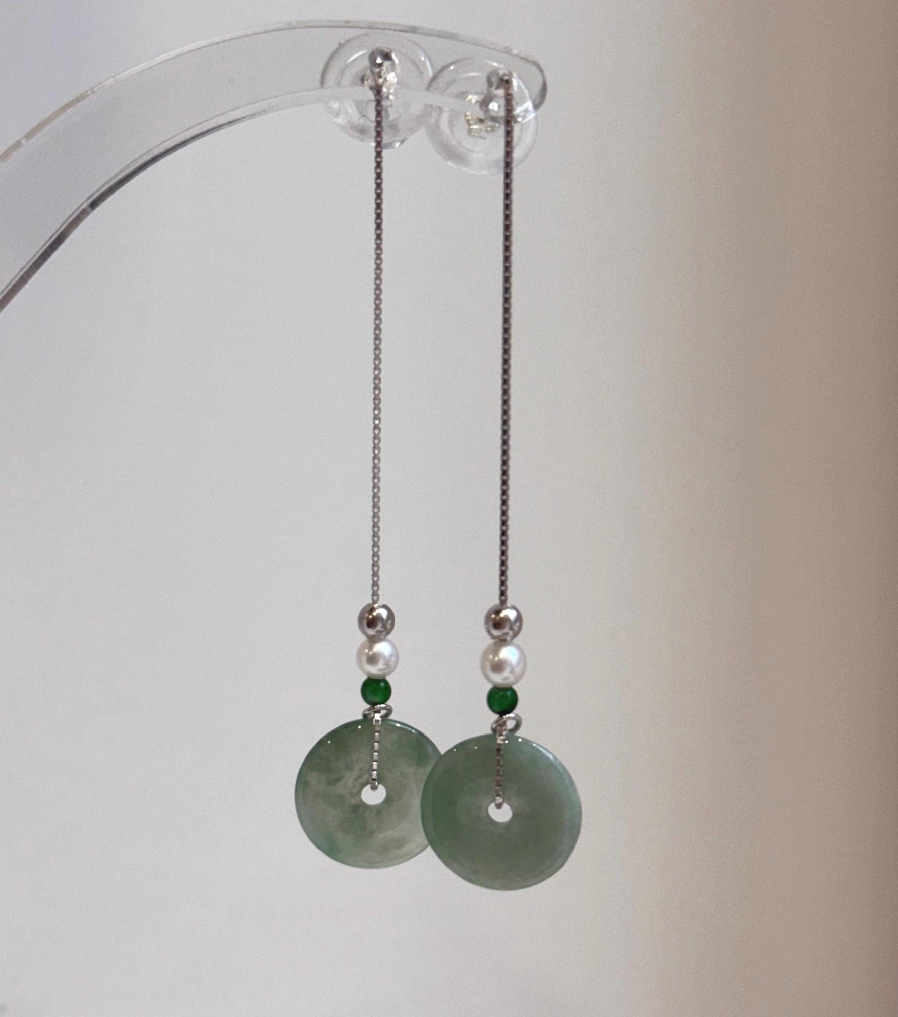 Elly’s Genius Jade white Pearls S925 silver earrings Chandeliers, 13mm, 6.6cm high.