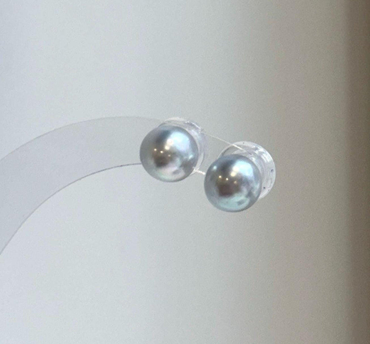 Elly’s 8.7mm Akoya blue silver ocean Pearls Earrings Studs: Extreme luster Mirrored, S925 silver minimalist earring.