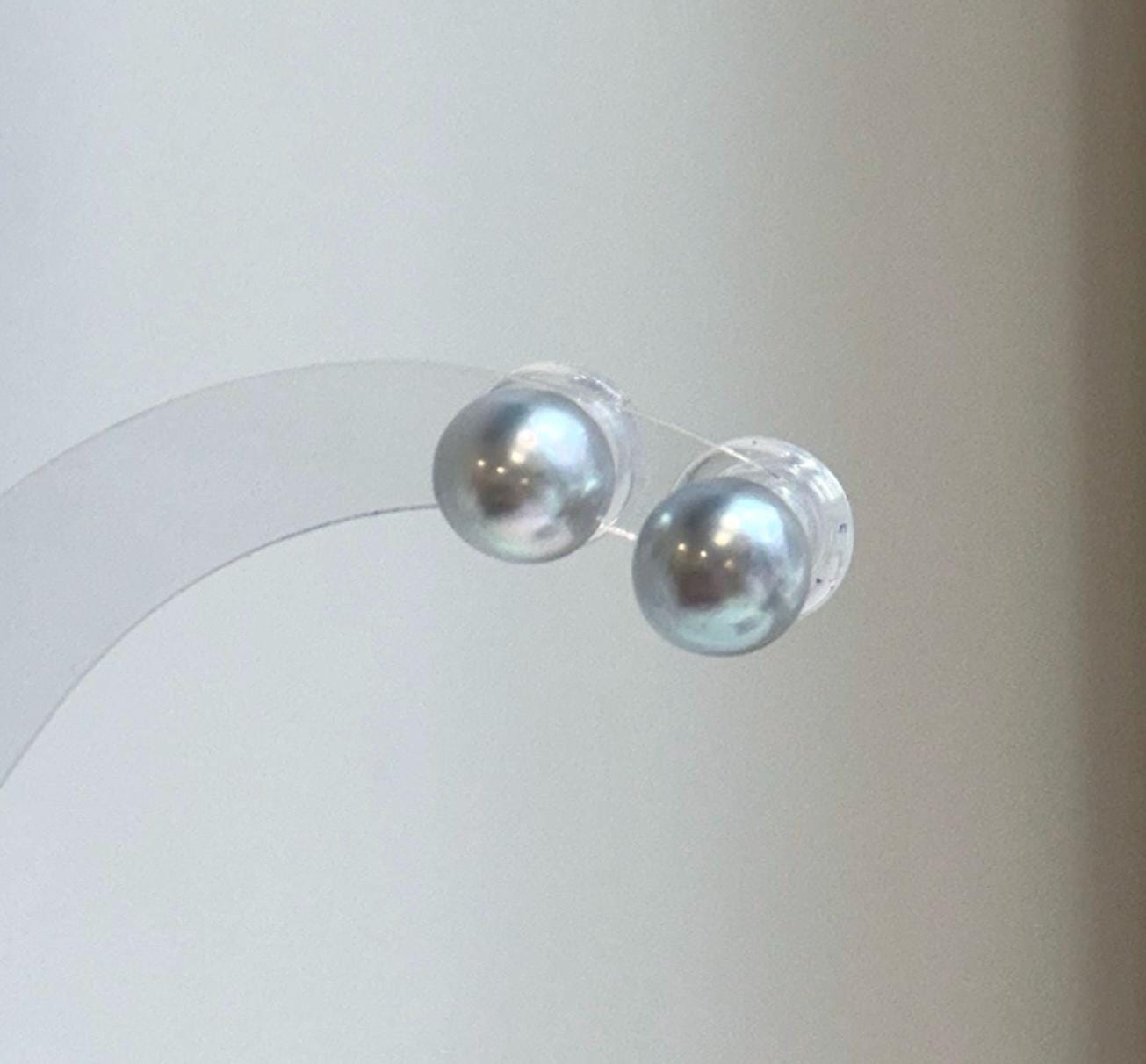 Elly’s 8.7mm Akoya blue silver ocean Pearls Earrings Studs: Extreme luster Mirrored, S925 silver minimalist earring.