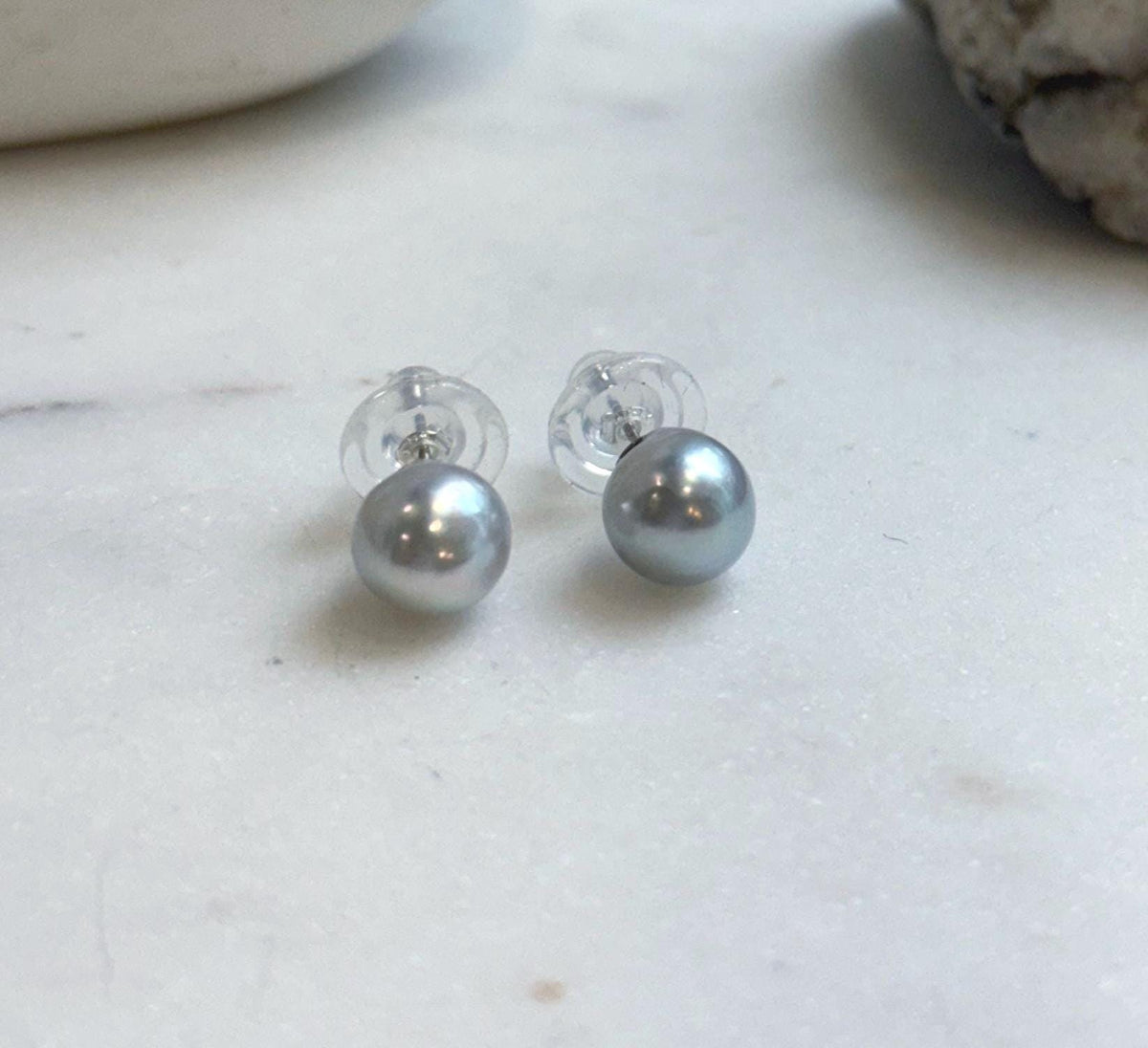 Elly’s 8.7mm Akoya blue silver ocean Pearls Earrings Studs: Extreme luster Mirrored, S925 silver minimalist earring.