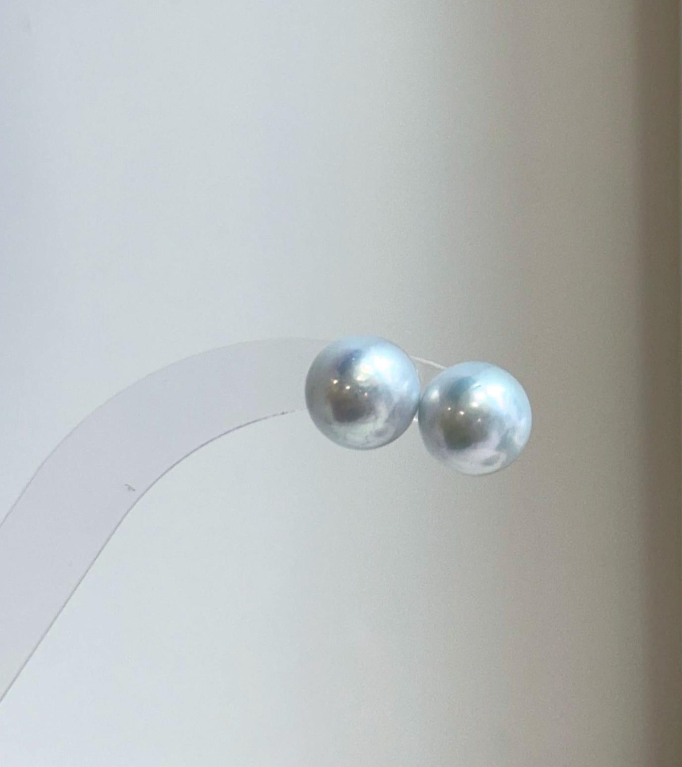 Elly’s 11.2mm White Blue Edison Pearls Earrings studs: Extreme luster Mirrored, S925 silver minimalist earrings. daily office white Pearl earrings for her