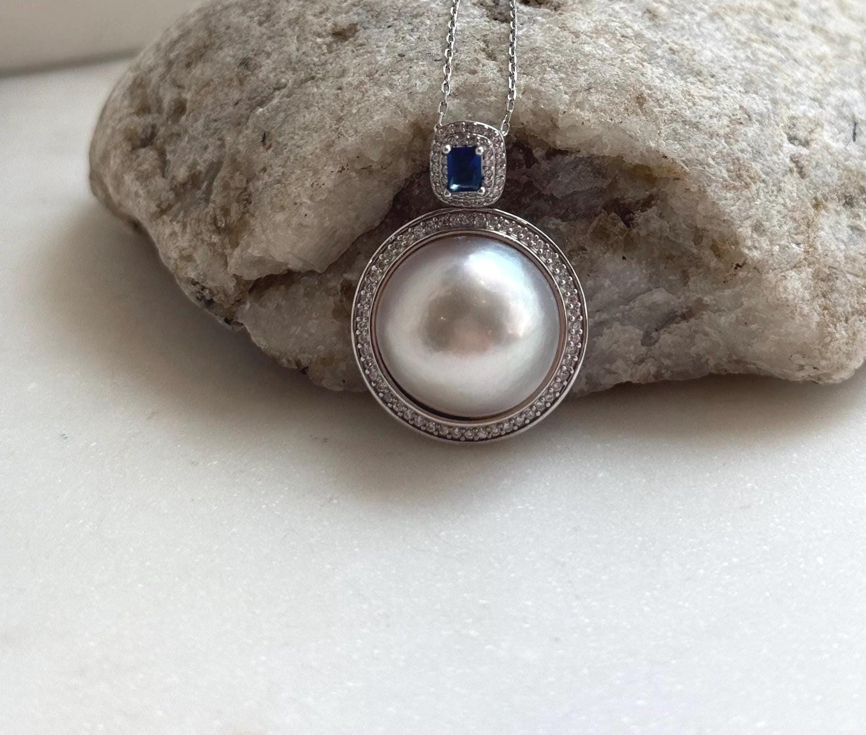 Elly’s 16.4mm white silver Ocean Round Mabe Pearl Pendant: Extreme luster, S925 Silver base pendant Set.