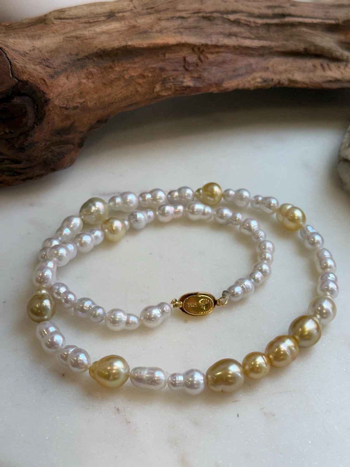 Elly’s South sea Golden ocean white Freshwater pearls necklace:Extreme luster mirrored, 19.7”, S925 silver necklace strand. high quality golden ocean pearls necklace strand for her