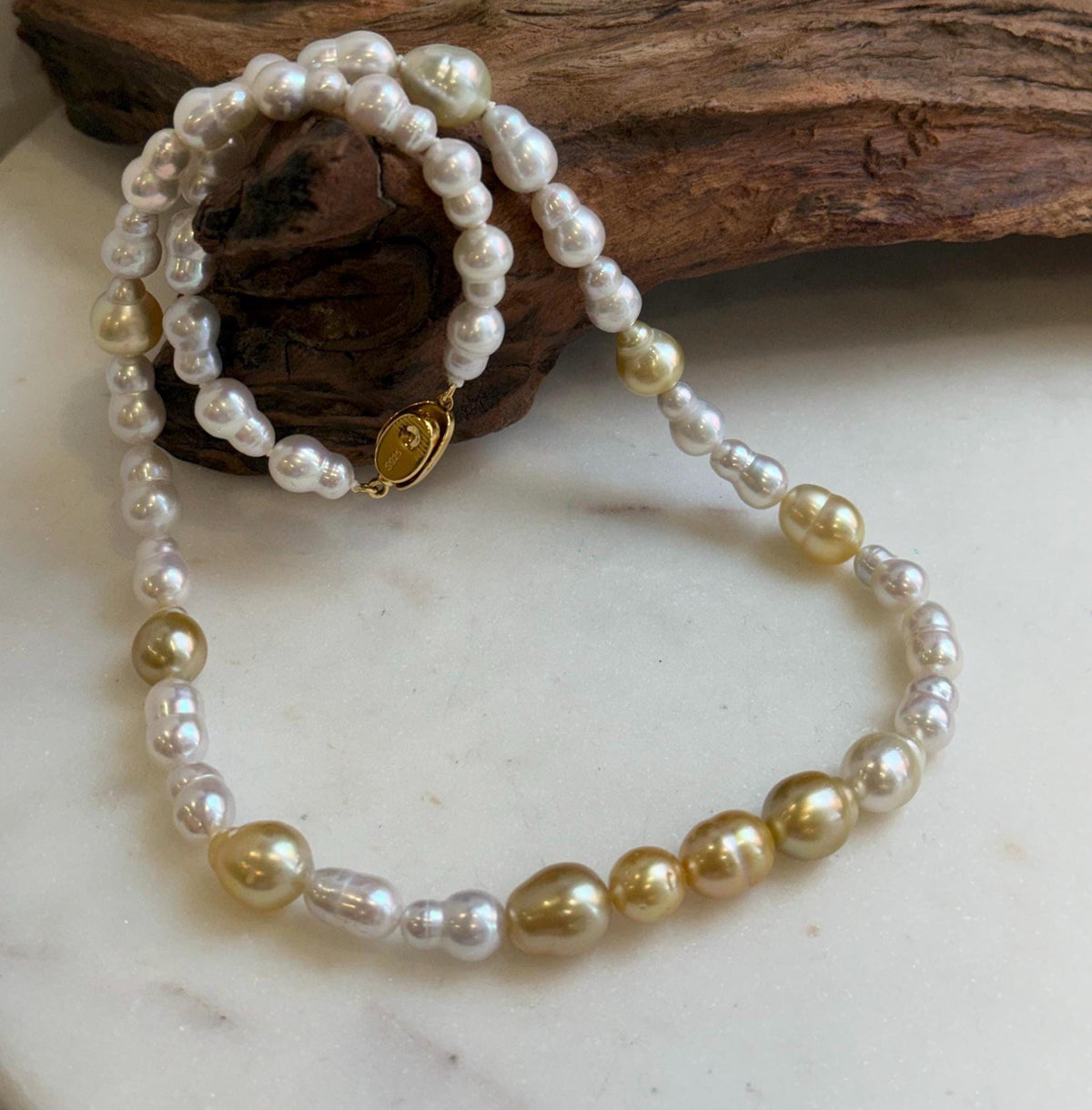Elly’s South sea Golden ocean white Freshwater pearls necklace:Extreme luster mirrored, 19.7”, S925 silver necklace strand.