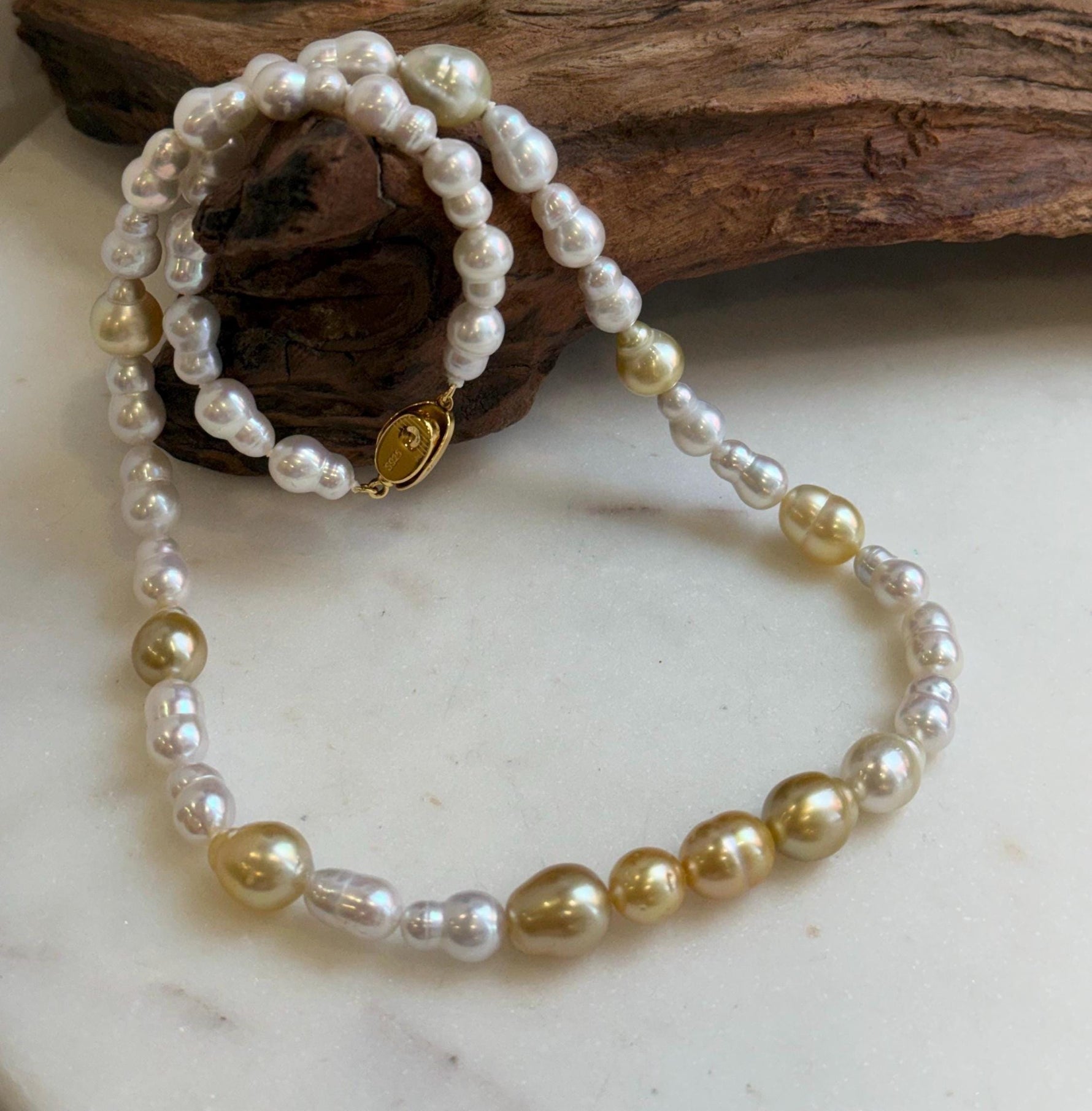 Elly’s South sea Golden ocean white Freshwater pearls necklace:Extreme luster mirrored, 19.7”, S925 silver necklace strand.