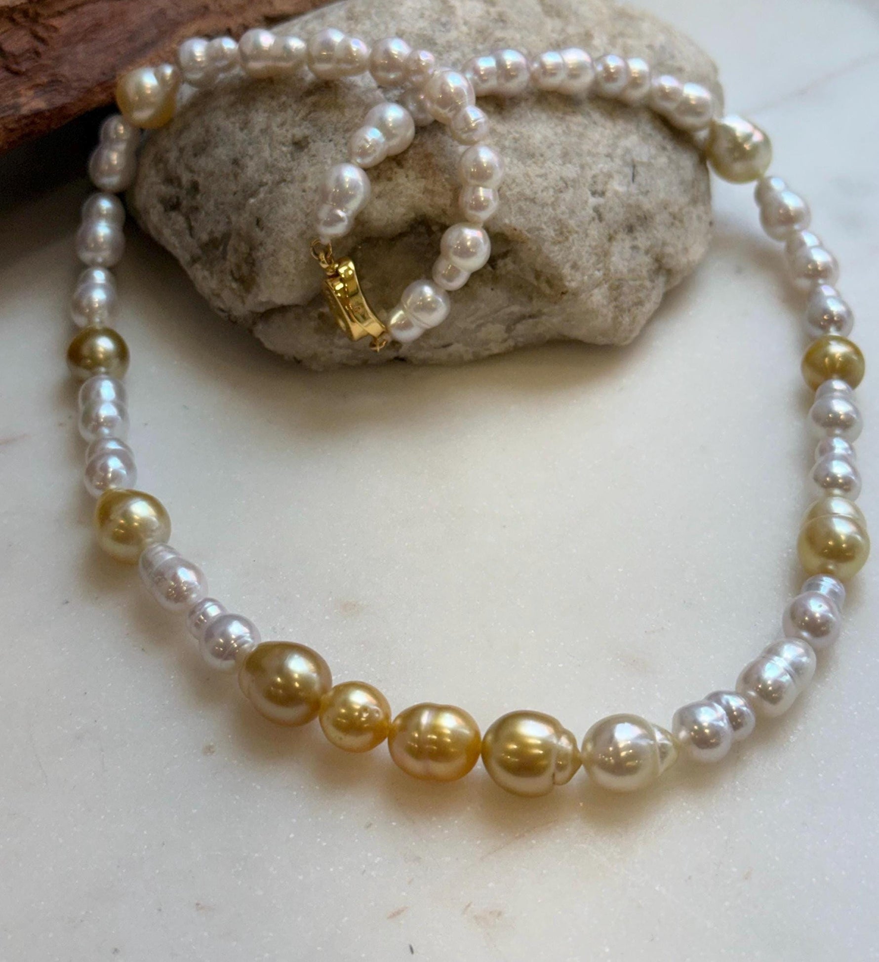 Elly’s South sea Golden ocean white Freshwater pearls necklace:Extreme luster mirrored, 19.7”, S925 silver necklace strand. high quality golden ocean pearls necklace strand for her anniversary