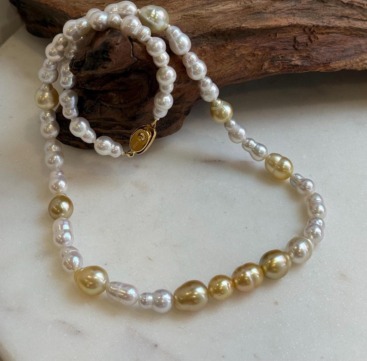 Elly’s South sea Golden ocean white Freshwater pearls necklace:Extreme luster mirrored, 19.7”, S925 silver necklace strand. high quality golden ocean pearls necklace strand for her holiday