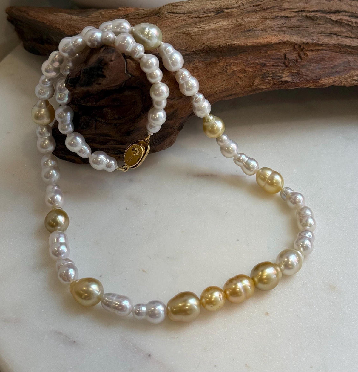 Elly’s South sea Golden ocean white Freshwater pearls necklace:Extreme luster mirrored, 19.7”, S925 silver necklace strand. high quality golden ocean pearls necklace strand for her