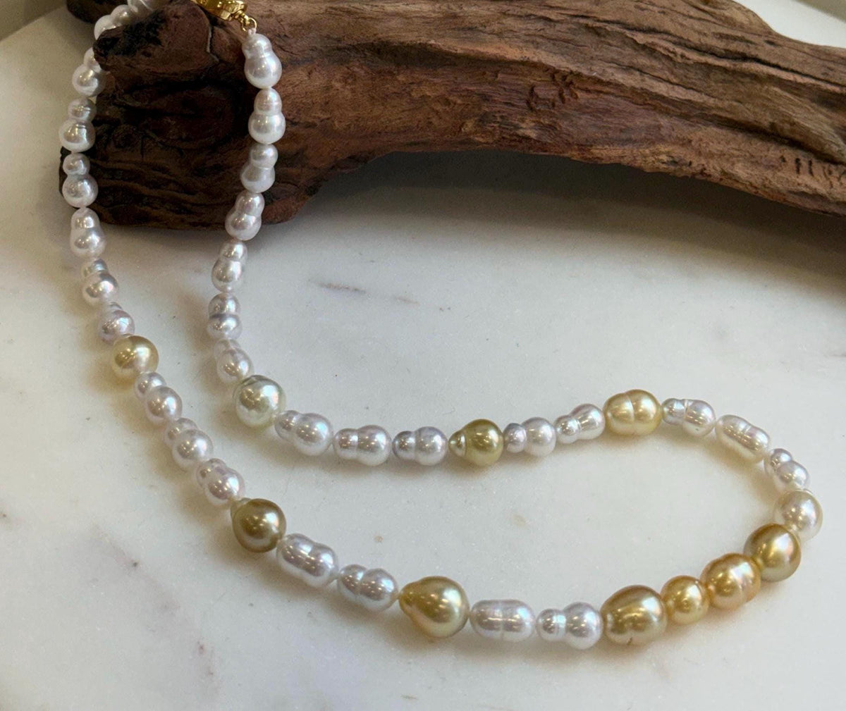 Elly’s South sea Golden ocean white Freshwater pearls necklace:Extreme luster mirrored, 19.7”, S925 silver necklace strand. high quality golden ocean pearls necklace strand for her