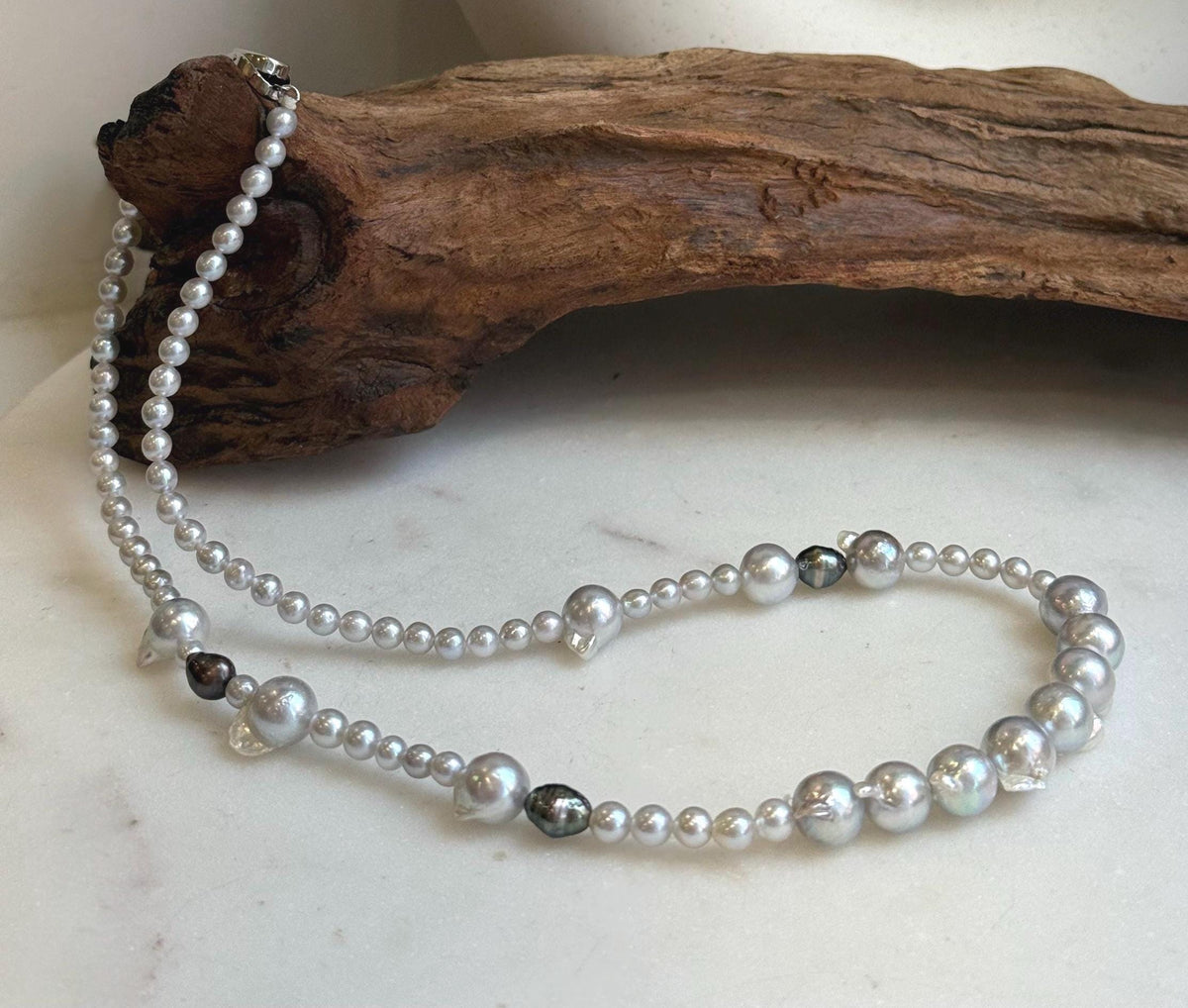 Elly’s Akoya tail baroque ocean white Freshwater pearls necklace:Extreme luster mirrored, 18.2”, S925 silver necklace strand.