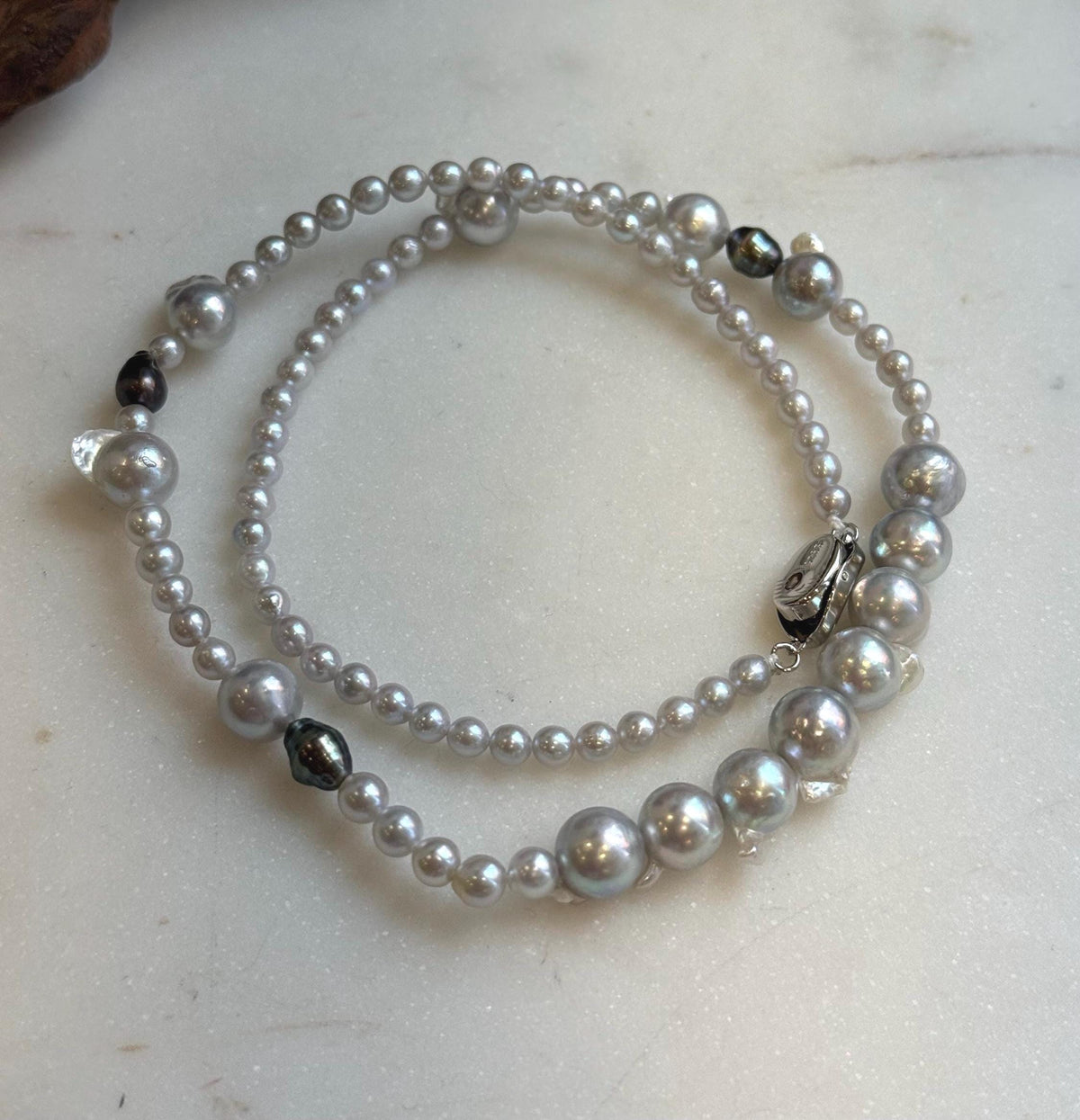 Elly’s Akoya tail baroque ocean white Freshwater pearls necklace:Extreme luster mirrored, 18.2”, S925 silver necklace strand.
