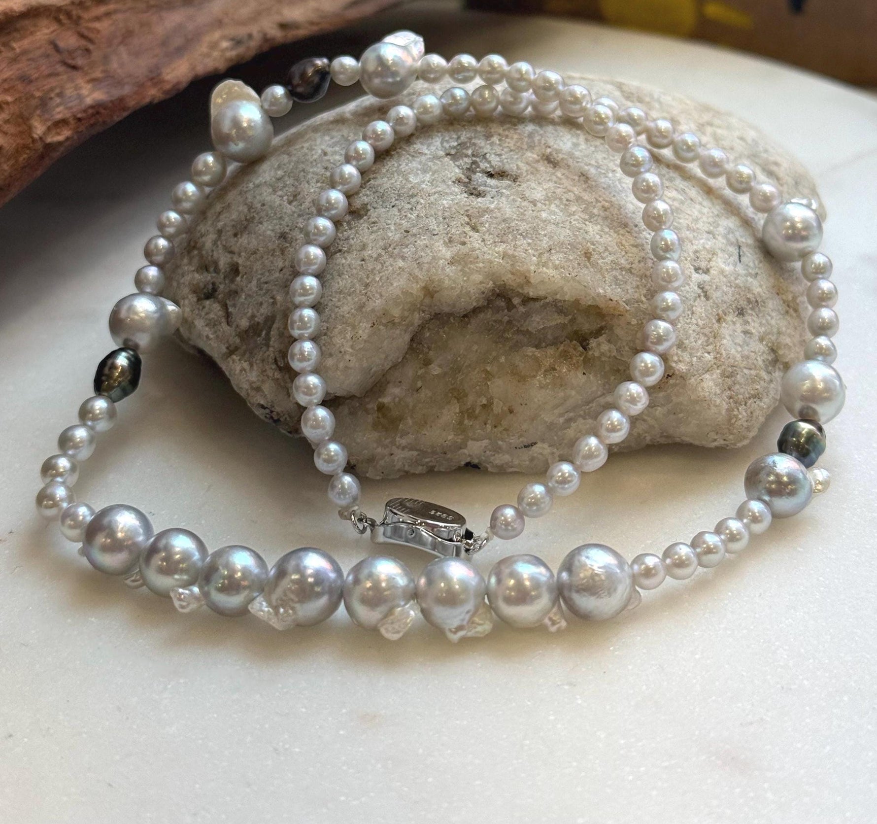 Elly’s Akoya tail baroque ocean white Freshwater pearls necklace:Extreme luster mirrored, 18.2”, S925 silver necklace strand.