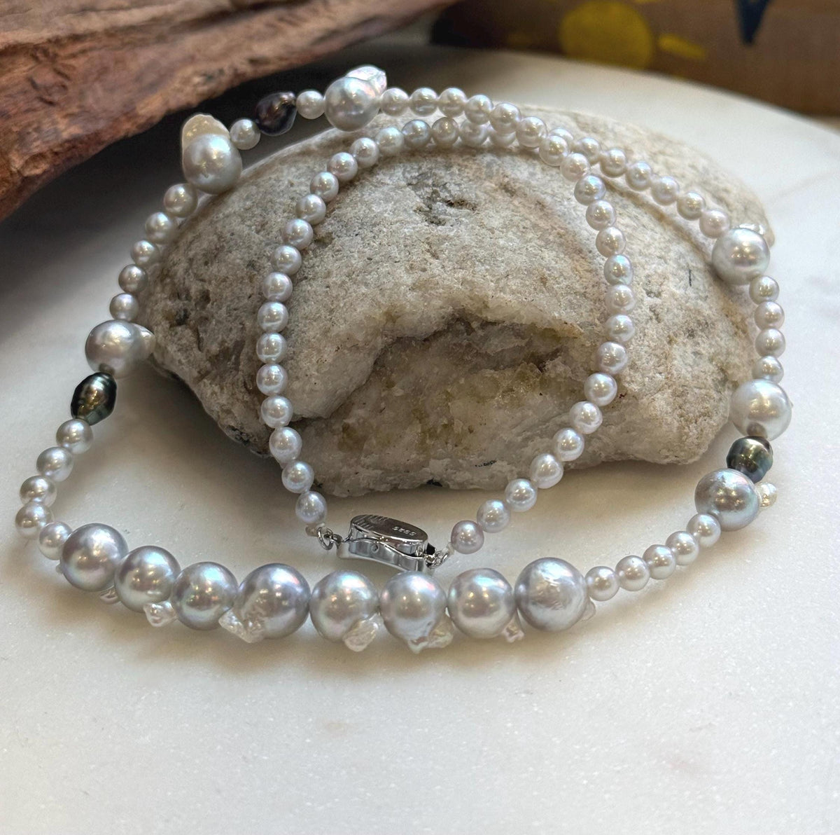 Elly’s Akoya tail baroque ocean white Freshwater pearls necklace:Extreme luster mirrored, 18.2”, S925 silver necklace strand.