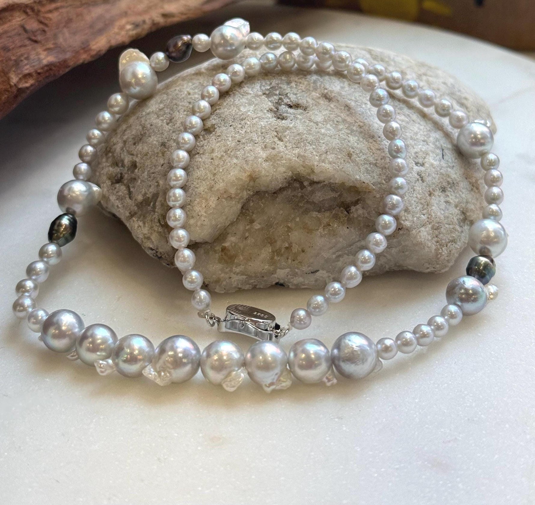 Elly’s Akoya tail baroque ocean white Freshwater pearls necklace:Extreme luster mirrored, 18.2”, S925 silver necklace strand.