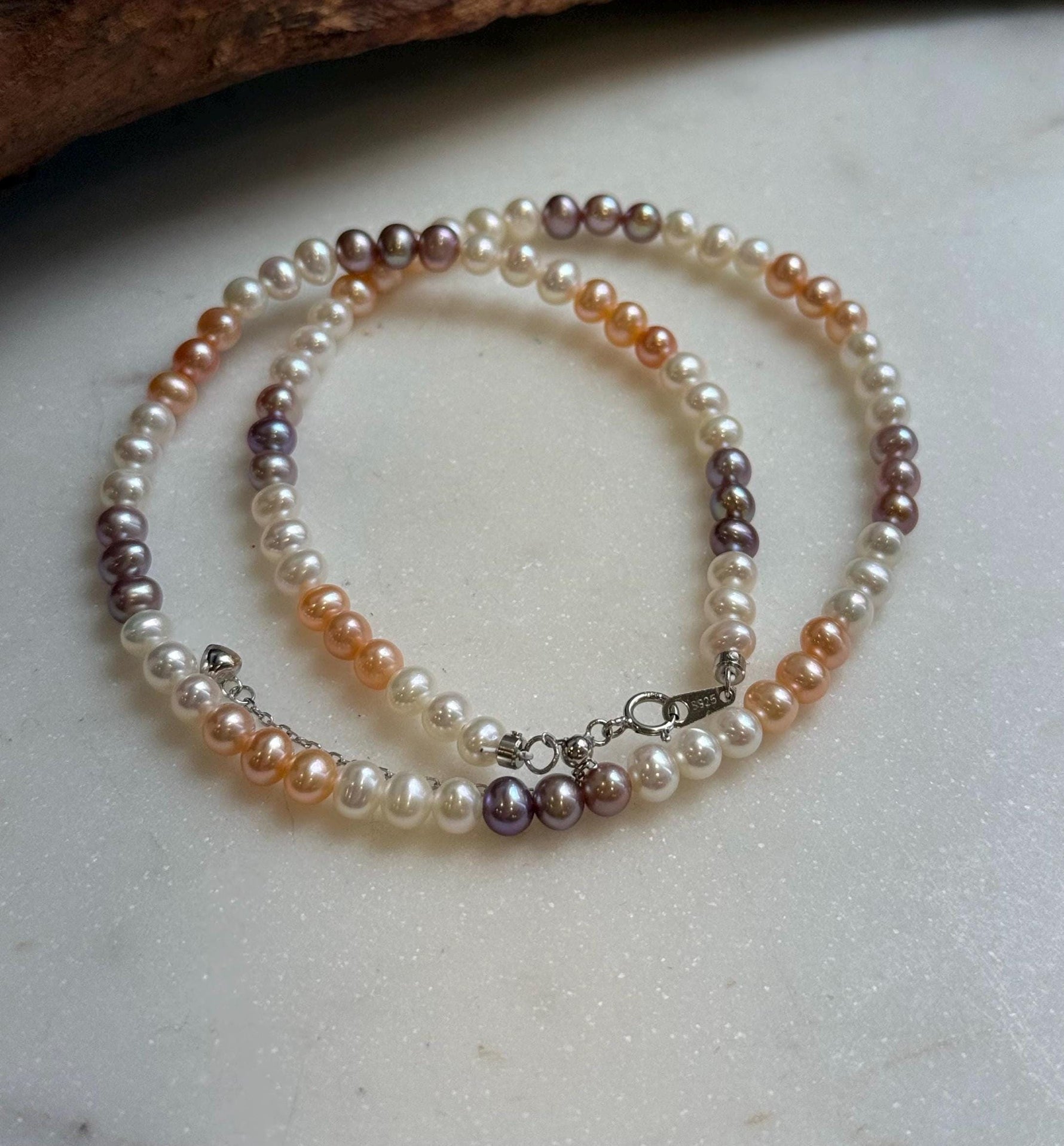 Elly’s 4.8-5.5mm Freshwater multicolor Pearls Necklace: Extreme luster mirrored, To 17.9”, S925 silver necklace strand.