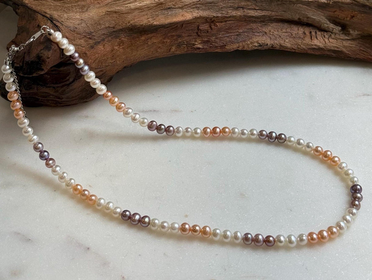 Elly’s 4.8-5.5mm Freshwater multicolor Pearls Necklace: Extreme luster mirrored, To 17.9”, S925 silver necklace strand.