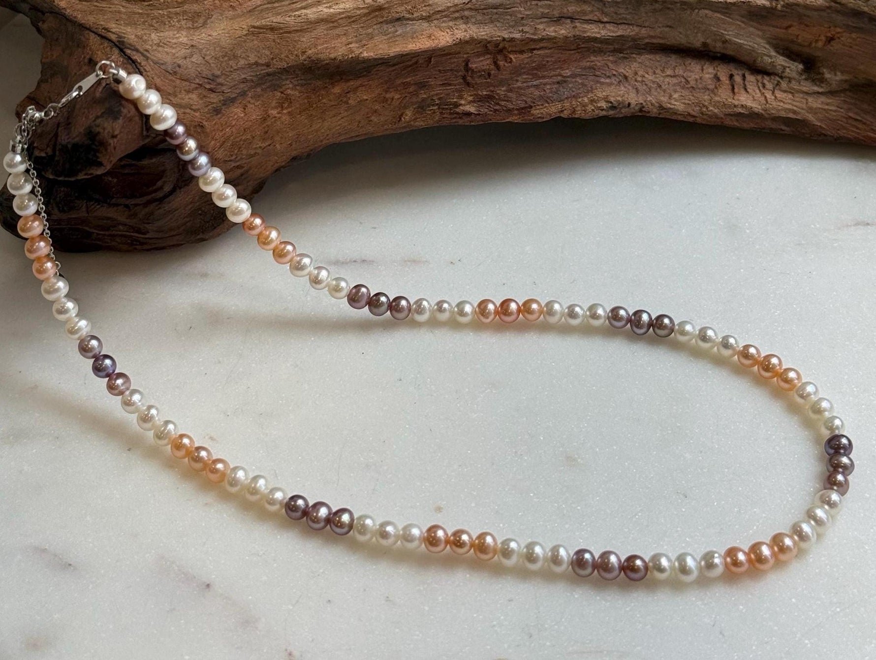 Elly’s 4.8-5.5mm Freshwater multicolor Pearls Necklace: Extreme luster mirrored, To 17.9”, S925 silver necklace strand.