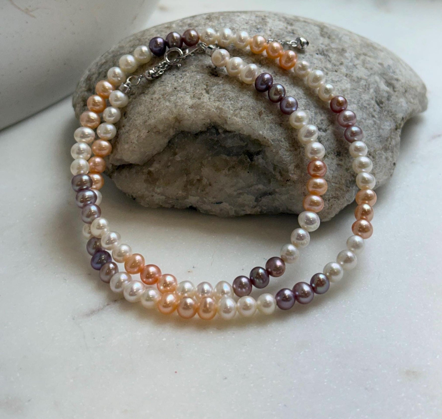 Elly’s 4.8-5.5mm Freshwater multicolor Pearls Necklace: Extreme luster mirrored, To 17.9”, S925 silver necklace strand.