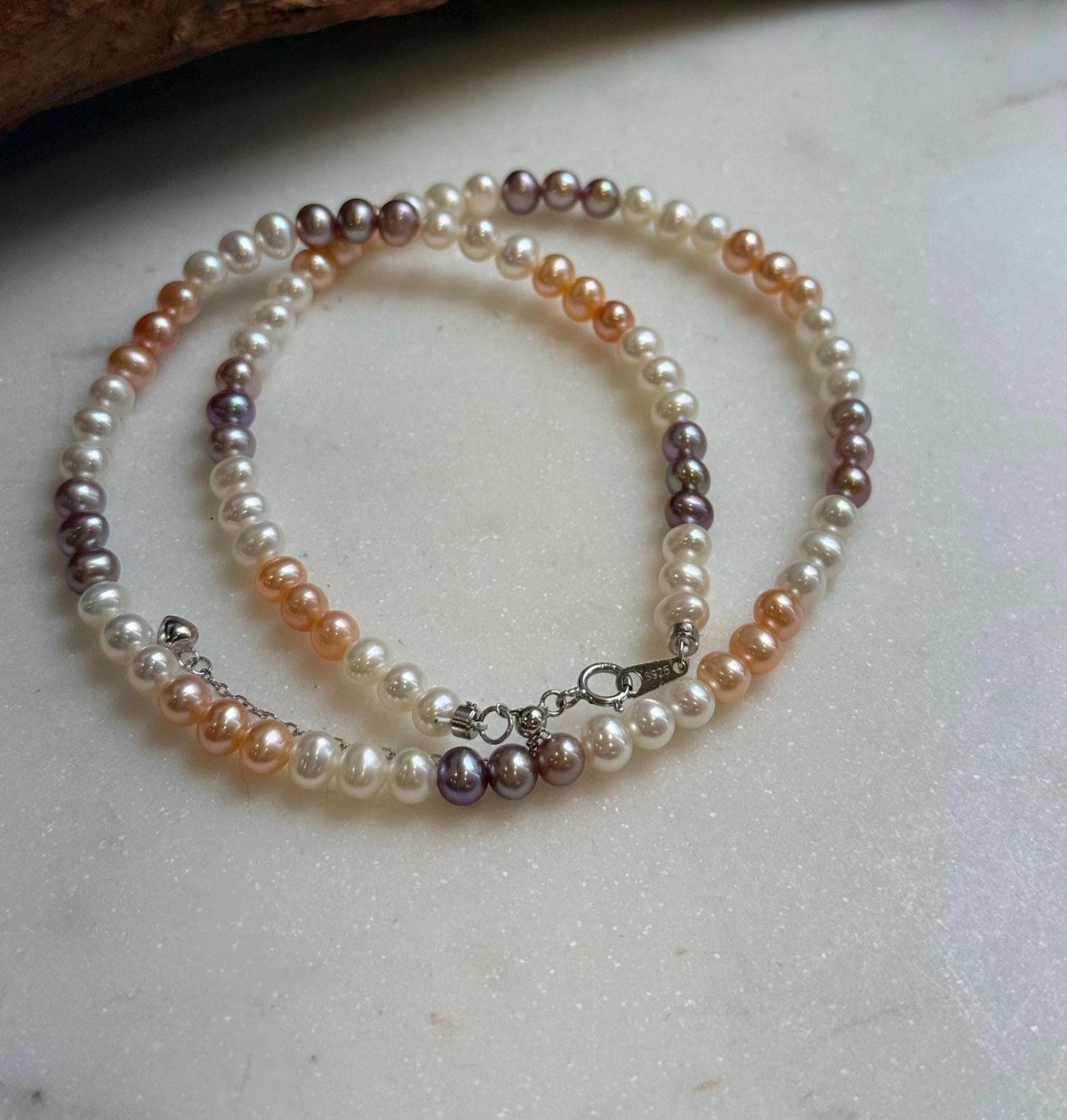 Elly’s 4.8-5.5mm Freshwater multicolor Pearls Necklace: Extreme luster mirrored, To 17.9”, S925 silver necklace strand.