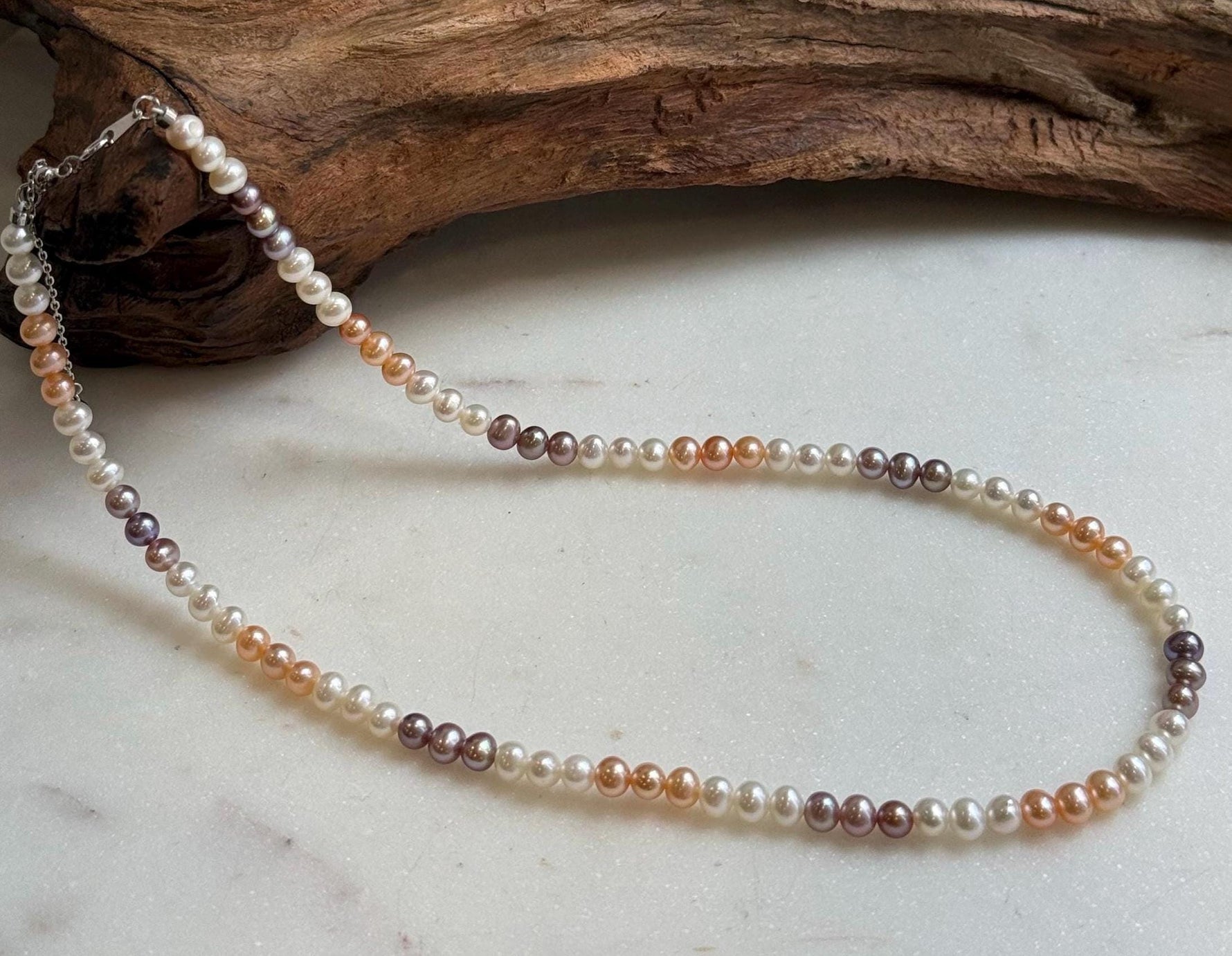 Elly’s 4.8-5.5mm Freshwater multicolor Pearls Necklace: Extreme luster mirrored, To 17.9”, S925 silver necklace strand.