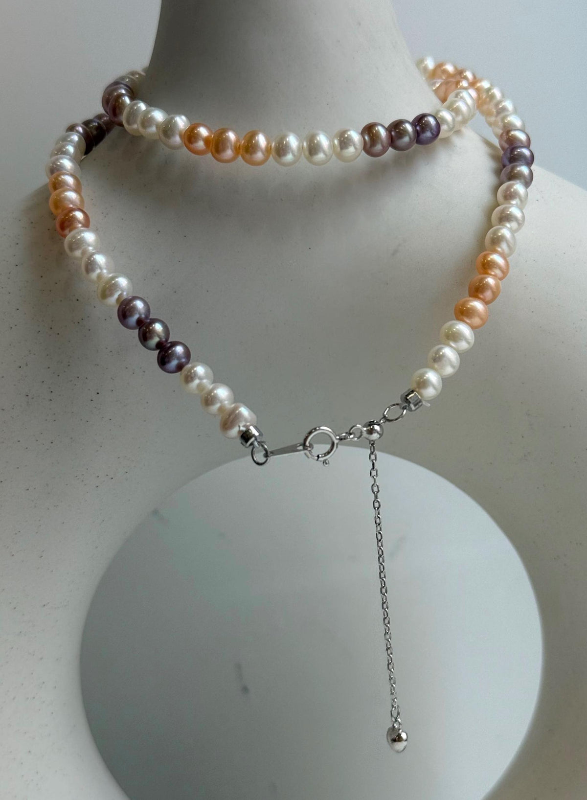 Elly’s 4.8-5.5mm Freshwater multicolor Pearls Necklace: Extreme luster mirrored, To 17.9”, S925 silver necklace strand.